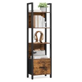 Songmics Home - 5-Tier Bookshelf, Book Shelf with Drawer, Industrial Bookcase, with Steel Frame, for Living Room, Home Office, Bedroom - Rustic Brown and Black