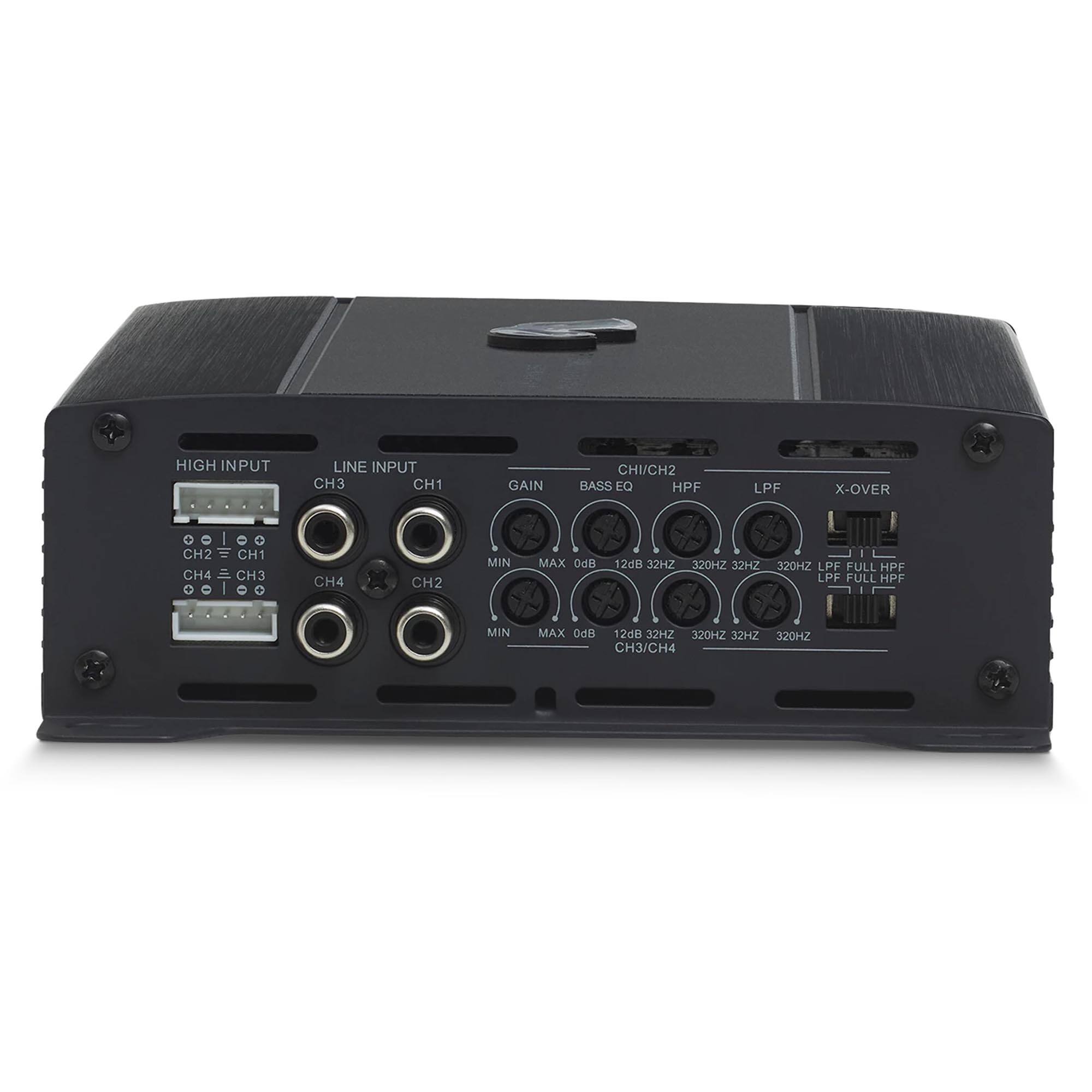 HIGH INPUT  
LINE INPUT  
CH3  
CH1  
GAIN  
CH1/CH2  
BASS EQ  
HPF  
LPF  
X-OVER  

CH2 = CH1  
CH4 = CH3  

MIN MAX  
OdB  
12dB  
32HZ  
320HZ  
32HZ  
320HZ  
LPF FULL  
HPF FULL  

CH3/CH4  
MIN MAX  
OdB  
12dB  
32HZ  
320HZ  
32HZ  
320HZ