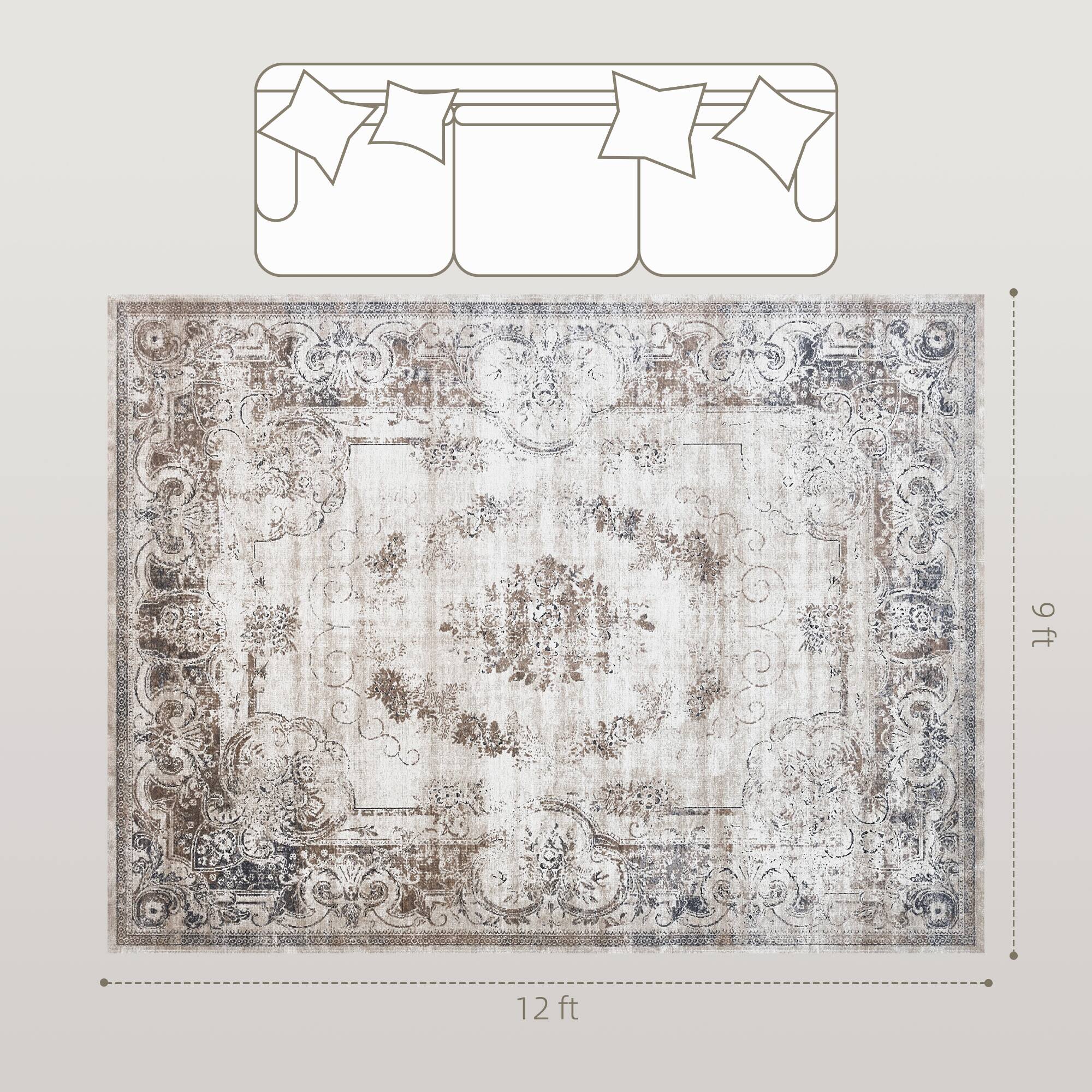 Alt View 3. Homcom - HOMCOM 9x12 Indoor Rug: Boho Mach-Wash Low Pile Non-Slip Distressed Floral High Traffic Brown - Brown.