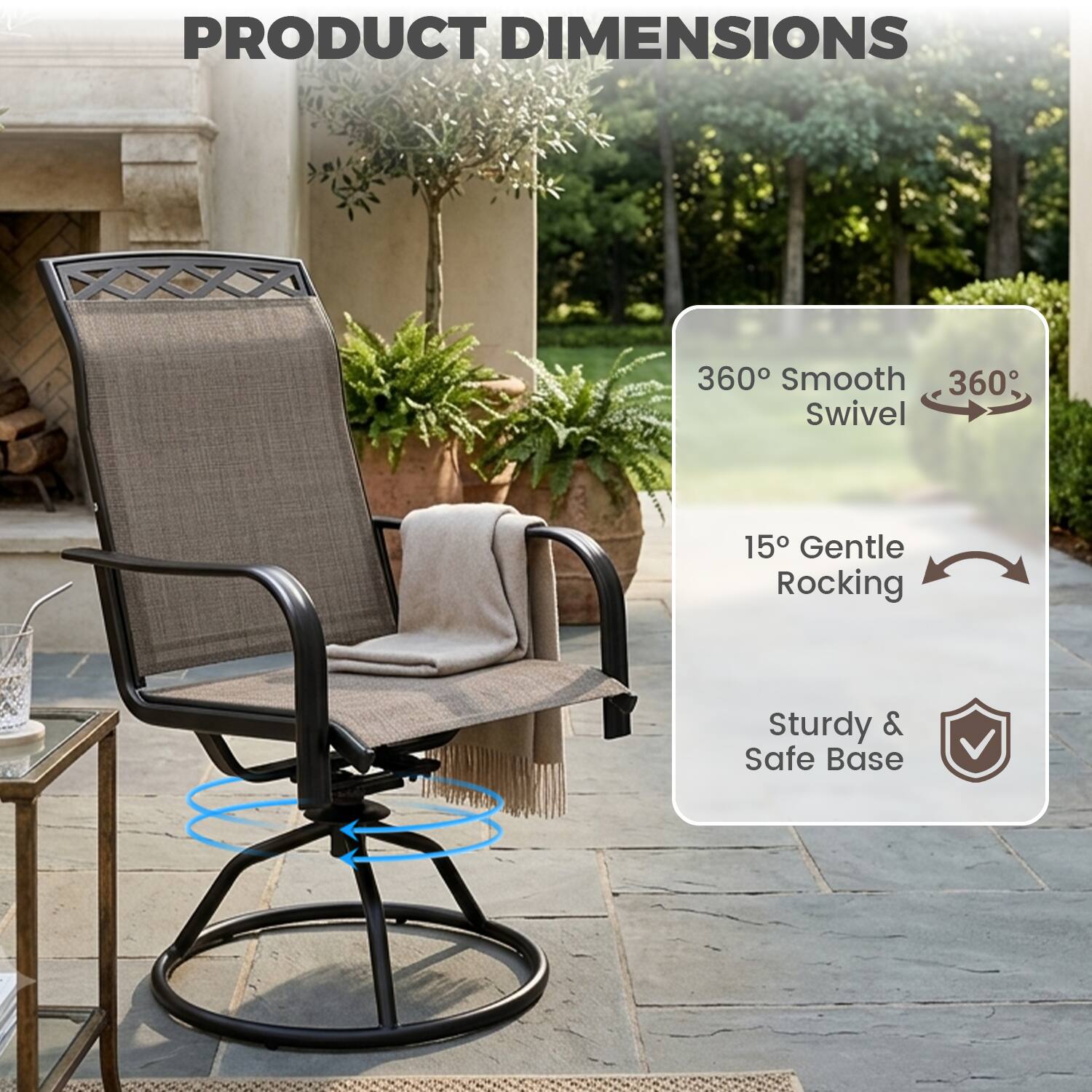 PRODUCT DIMENSIONS

- 360° Smooth Swivel
- 15° Gentle Rocking
- Sturdy & Safe Base