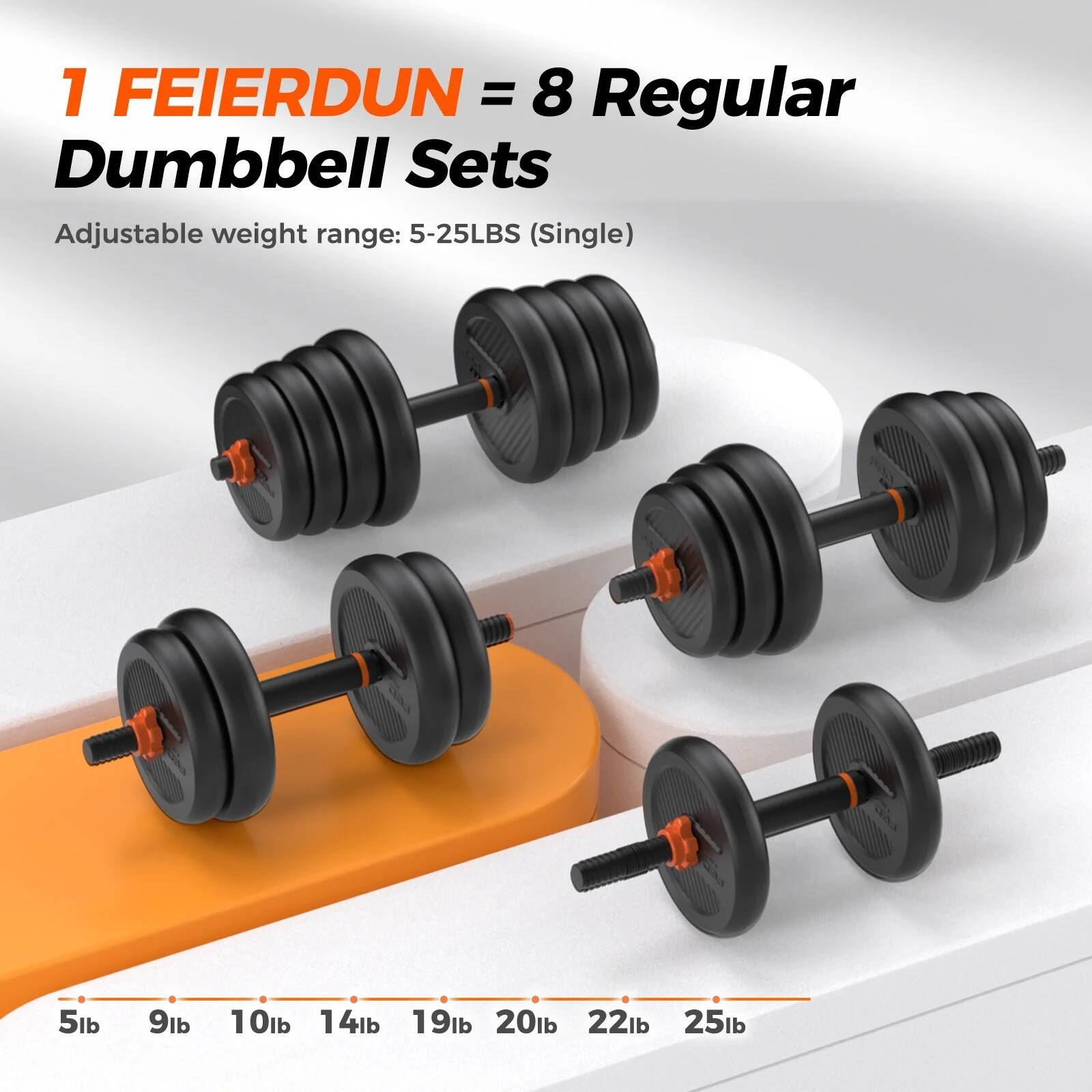1 FEIERDUN = 8 Regular Dumbbell Sets  
Adjustable weight range: 5-25LBS (Single)  
Das 5lb 9lb 10lb 14lb 19lb 20lb 22lb 25lb