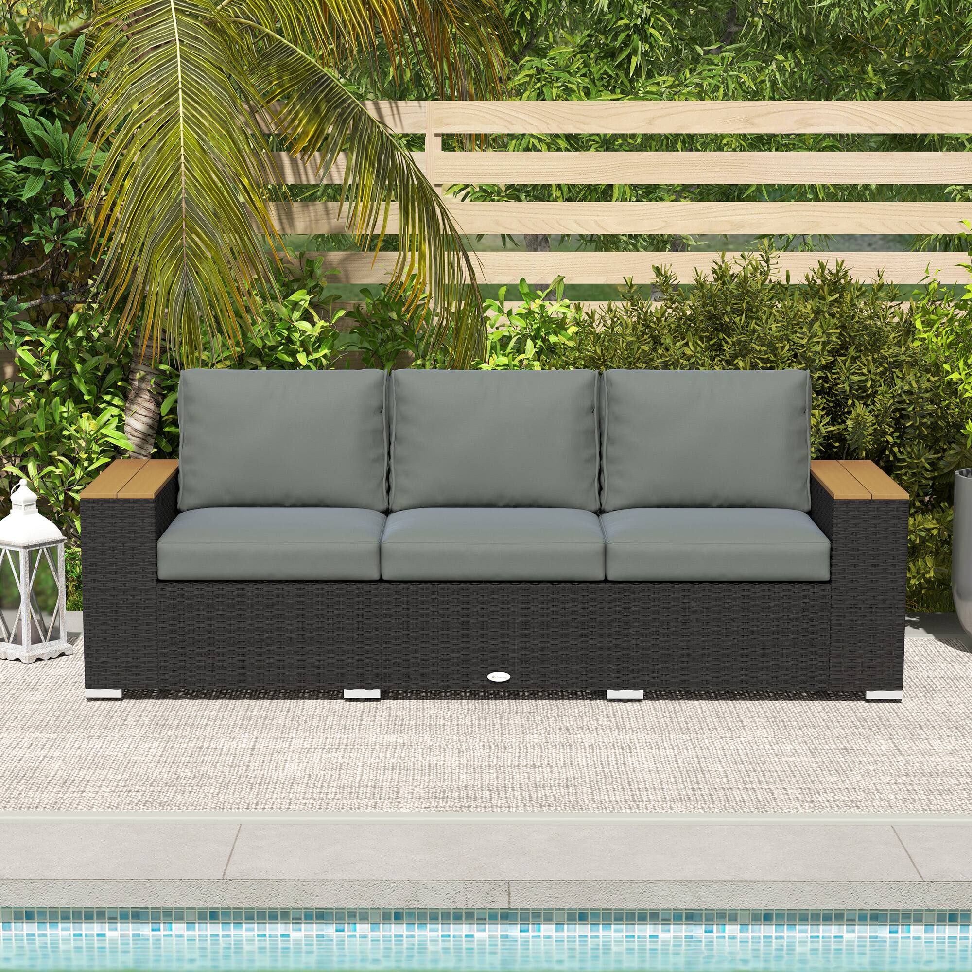 Alt View 8. Outsunny - 3-Seat Outdoor Patio Sofa with Cushions, PE Rattan Wicker Sofa with Wood Grain Wide Armrests, Outdoor Wicker Couch - Dark Gray.