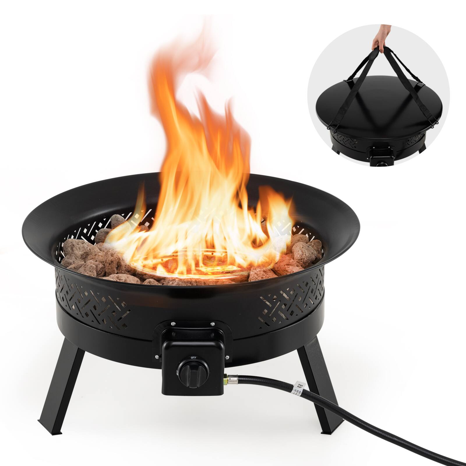 Front. Gymax - Gymax 24.5 Inch Portable Propane Fire Pit w/Carry Strap Lid Folding Legs for Camping - Black.