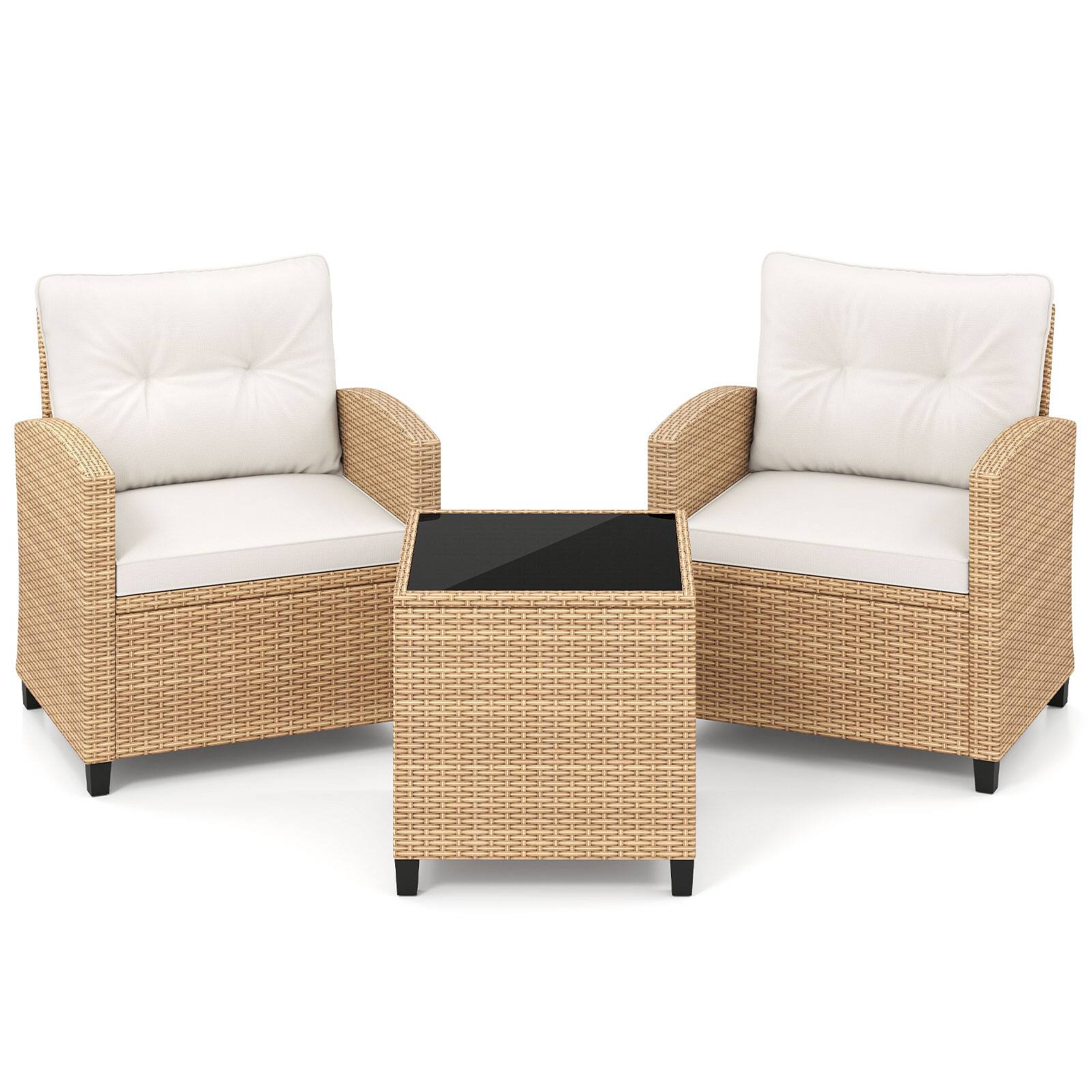 Alt View 9. Costway - Costway 3PCS Patio Furniture Set, Rattan Conversation Set with Soft Seat & Back Cushions - Light Brown+Off-White.