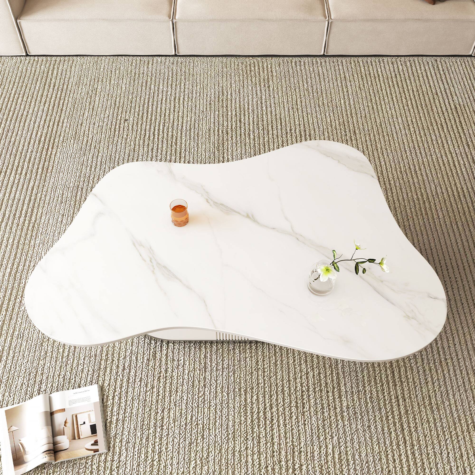 Alt View 4. Tiramisubest - Modern Butterfly Coffee Table with Sintered Stone Top–Oval Center Table with Shelf & Drawer,Stainless Steel Base - Grey+White.