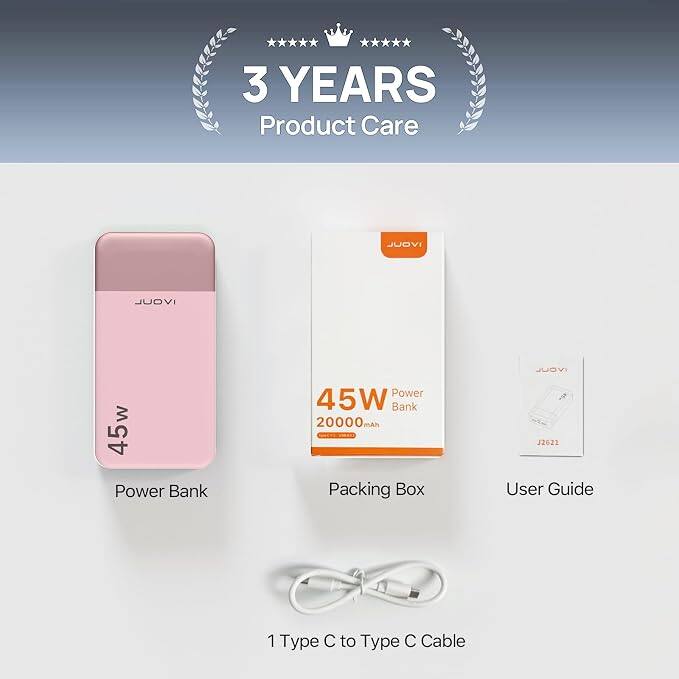 3 YEARS Product Care

JUOVI
JUOVI

45W Power Bank
20000mAh
Packing Box

JUOVI J2621 User Guide

1 Type C to Type C Cable