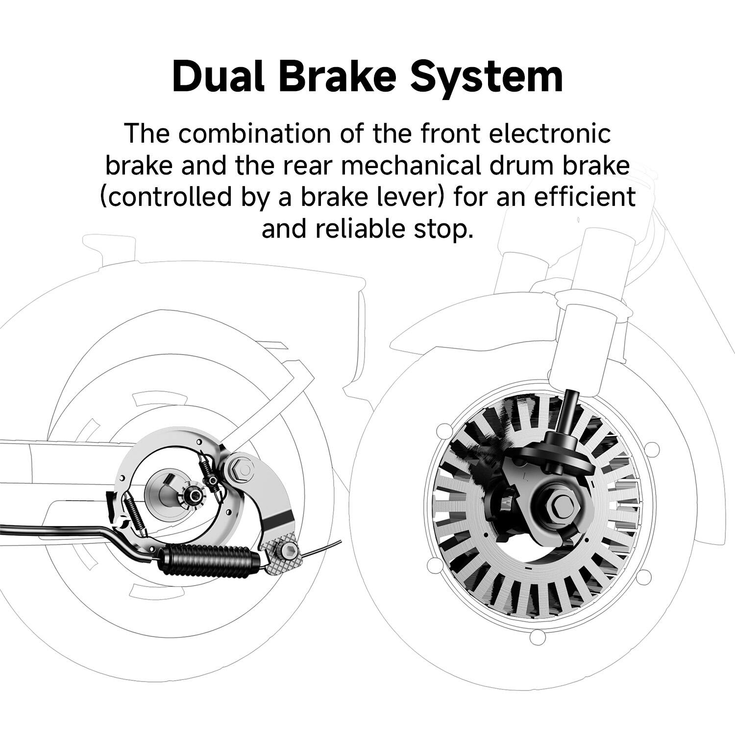 Dual Brake System: The combination of the front electronic brake and the rear mechanical drum brake (controlled by a brake lever) for an efficient and reliable stop.