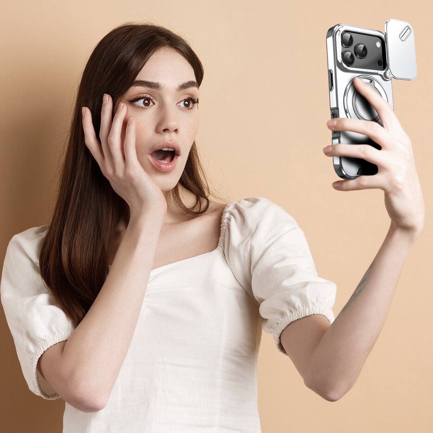 Alt View 6. UUCOVER - Magnetic Case with Slide Camera Lens Cover & 360° Ring Stand for Apple iPhone 17 Pro Max - Drop Protection Phone Cover - Silver.