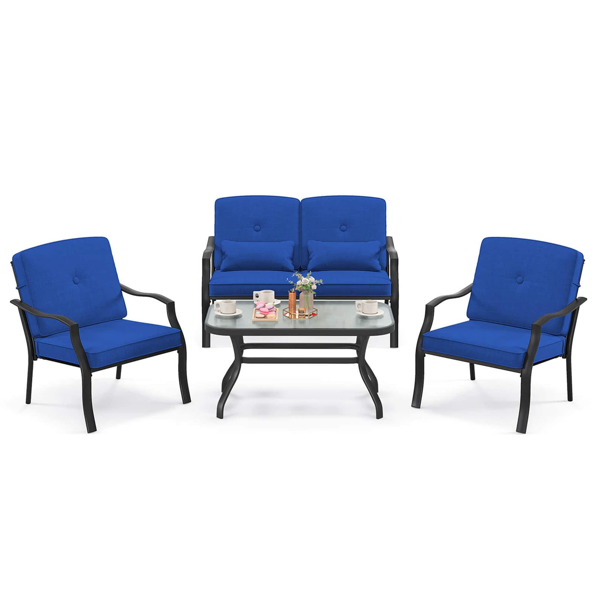 Front. Costway - 4 PCS Patio Furniture Set Outdoor Conversation Sofa Tempered Glass Coffee Table - Navy.
