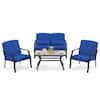 Front. Costway - 4 PCS Patio Furniture Set Outdoor Conversation Sofa Tempered Glass Coffee Table - Navy.
