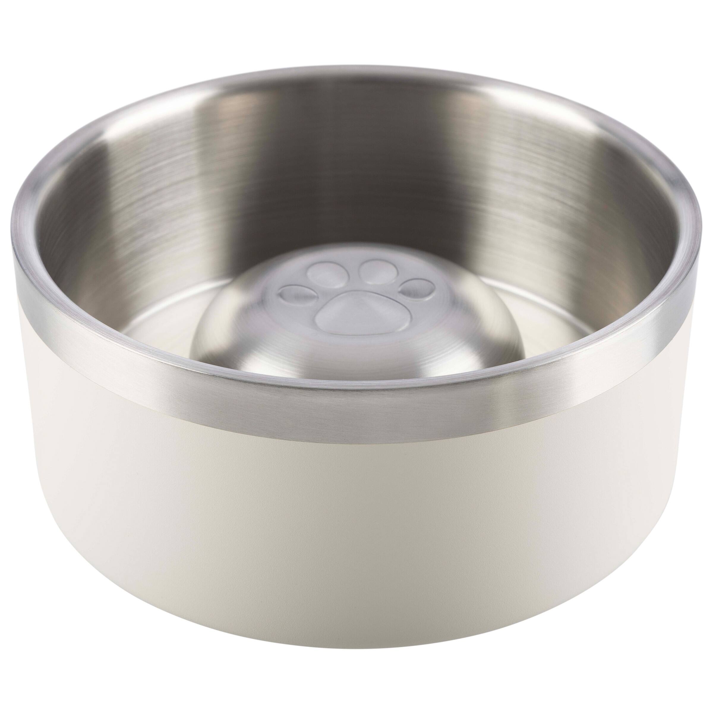 Angle. PetMaker - Set of Two 60oz Stainless Steel Slow Feeder Dog Bowls - Silver/Cream.
