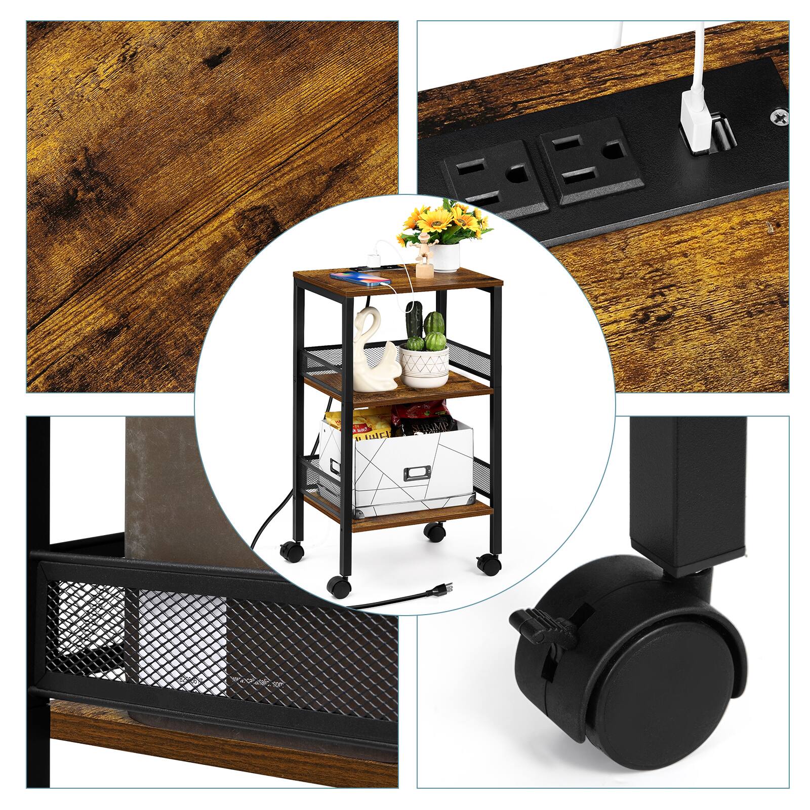 Left. Oumilen - 3-Tier Rustic End Table with Built-In Power Outlets & Wheels - Brown.
