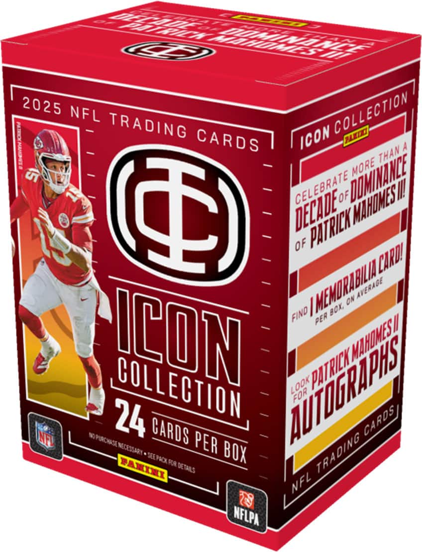 2025 NFL TRADING CARDS  
ICON COLLECTION  
24 CARDS PER BOX  

CELEBRATE MORE THAN A DECADE OF DOMINANCE OF PATRICK MAHOMES II!  
FIND 1 MEMORABILIA CARD!  
LOOK FOR PATRICK MAHOMES II AUTOGRAPHS  
NFL TRADING CARDS  

NO PURCHASE NECESSARY. SEE PACK FOR DETAILS.  
NFLPA