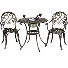 Costway - 3PCS Patio Dining Set Aluminum Bistro Attached Removable Ice Bucket - Bronze