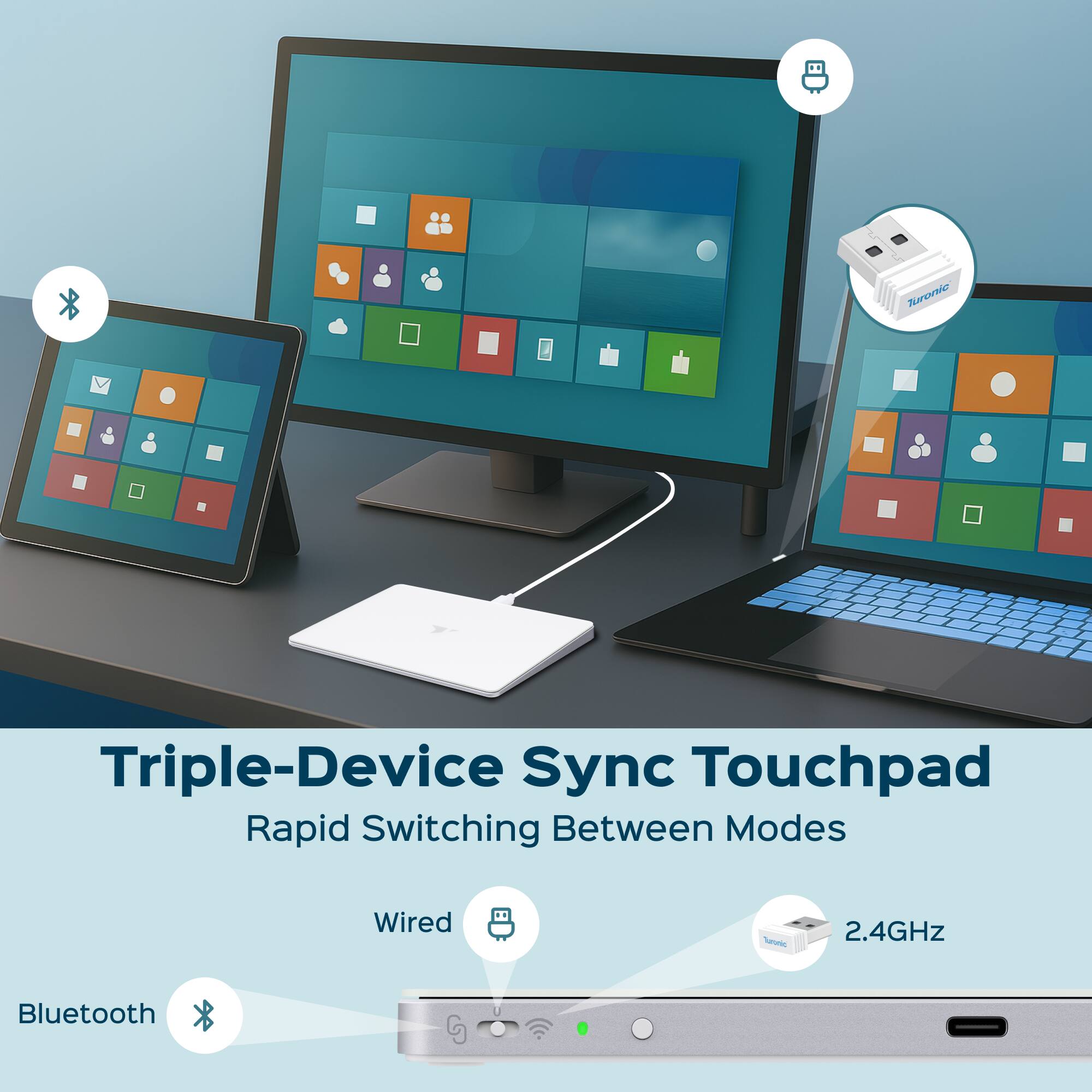 Triple-Device Sync Touchpad  
Rapid Switching Between Modes  

Bluetooth  
Wired  
2.4GHz