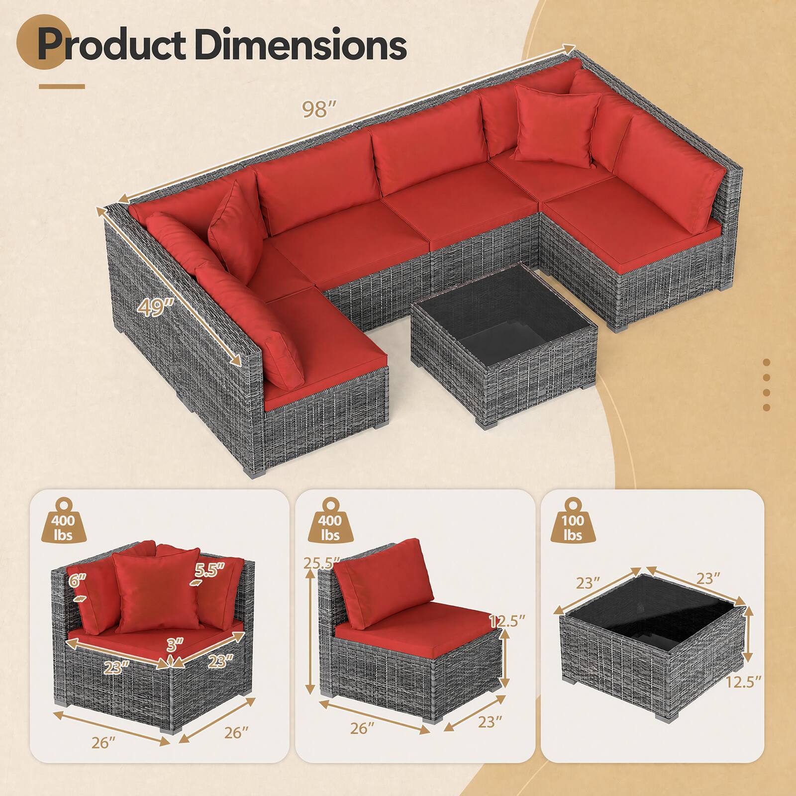Product Dimensions: 98" x 49"  
Weight Capacity: 400 lbs  
Seat Dimensions: 25.5" x 23" x 23"  
Armrest Height: 6"  
Back Height: 5.5"  
Table Dimensions: 23" x 23" x 12.5"