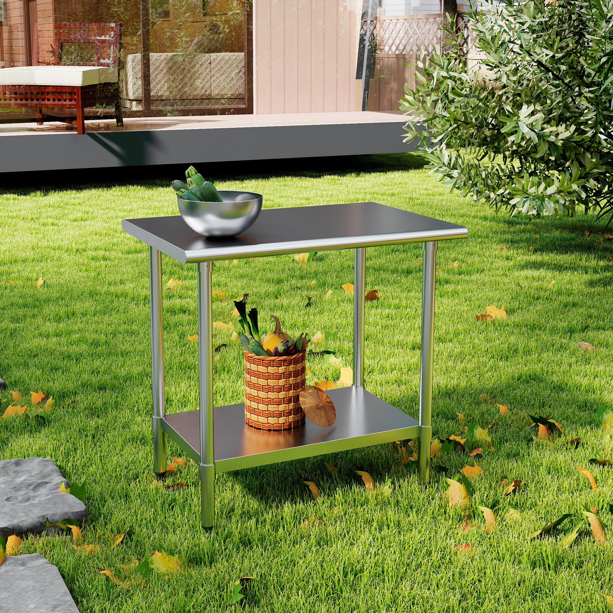 Left. KLEENSTEEL - 24" x 36" NSF Stainless Steel Worktable Adjustable Undershelf for Kitchen & BBQ.