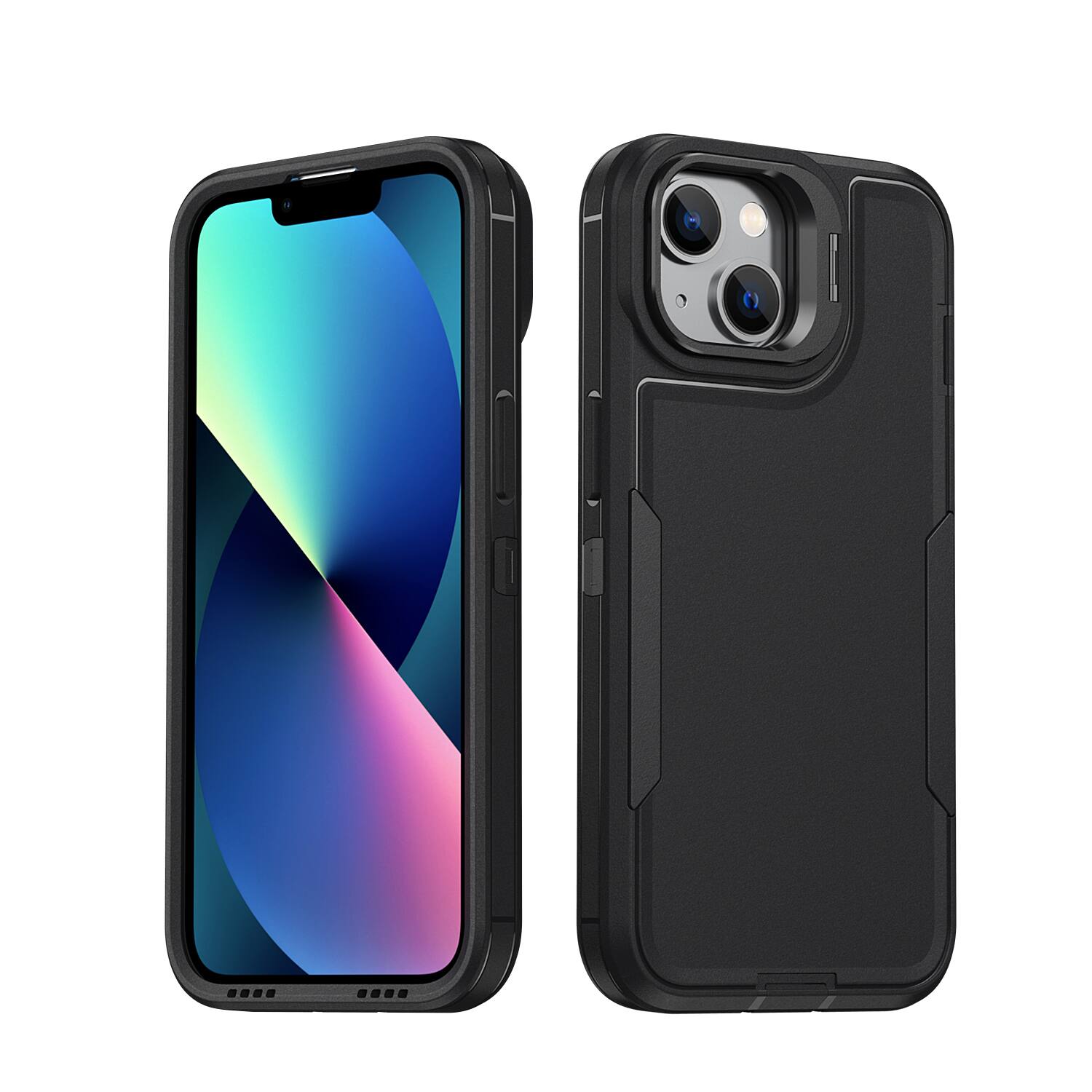 Angle. Dteck - For Apple iPhone 17e/16e/14/13 Rugged Case, Heavy Duty Dual Layer Shockproof Lens Kickstand Drop Protection Cover - Black.