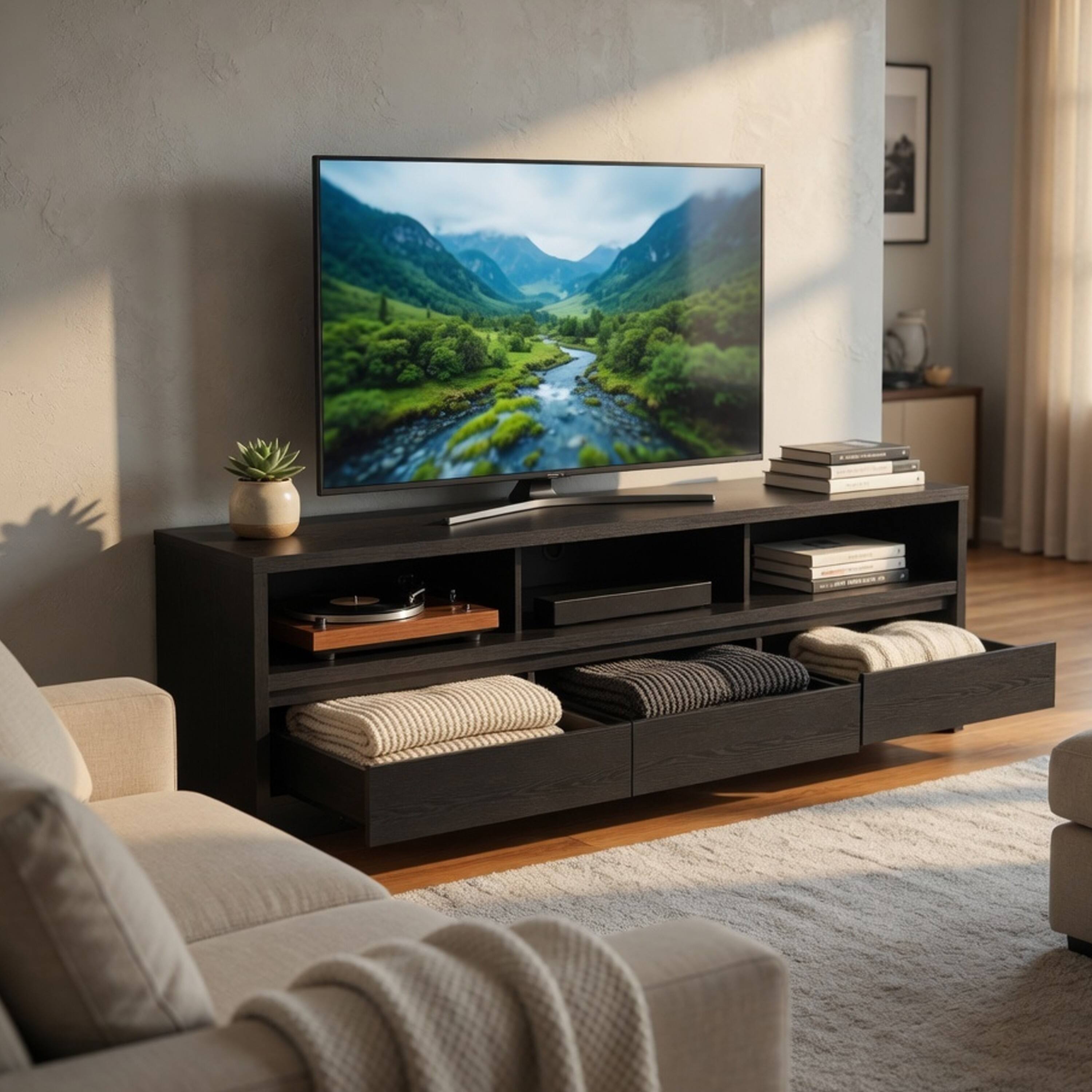 Alt View 7. Manhattan Lane - Rutvy TV Stand Media Console with Open Shelves, Black Wood 78 Inch - Black.