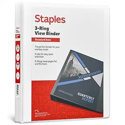 Staples
3-Ring View Binder
Standard Duty
The perfect binder for your everyday needs
2 tabs for easy open and close
D-Rings keep pages flat and fits more pages
QUARTERLY REPORT