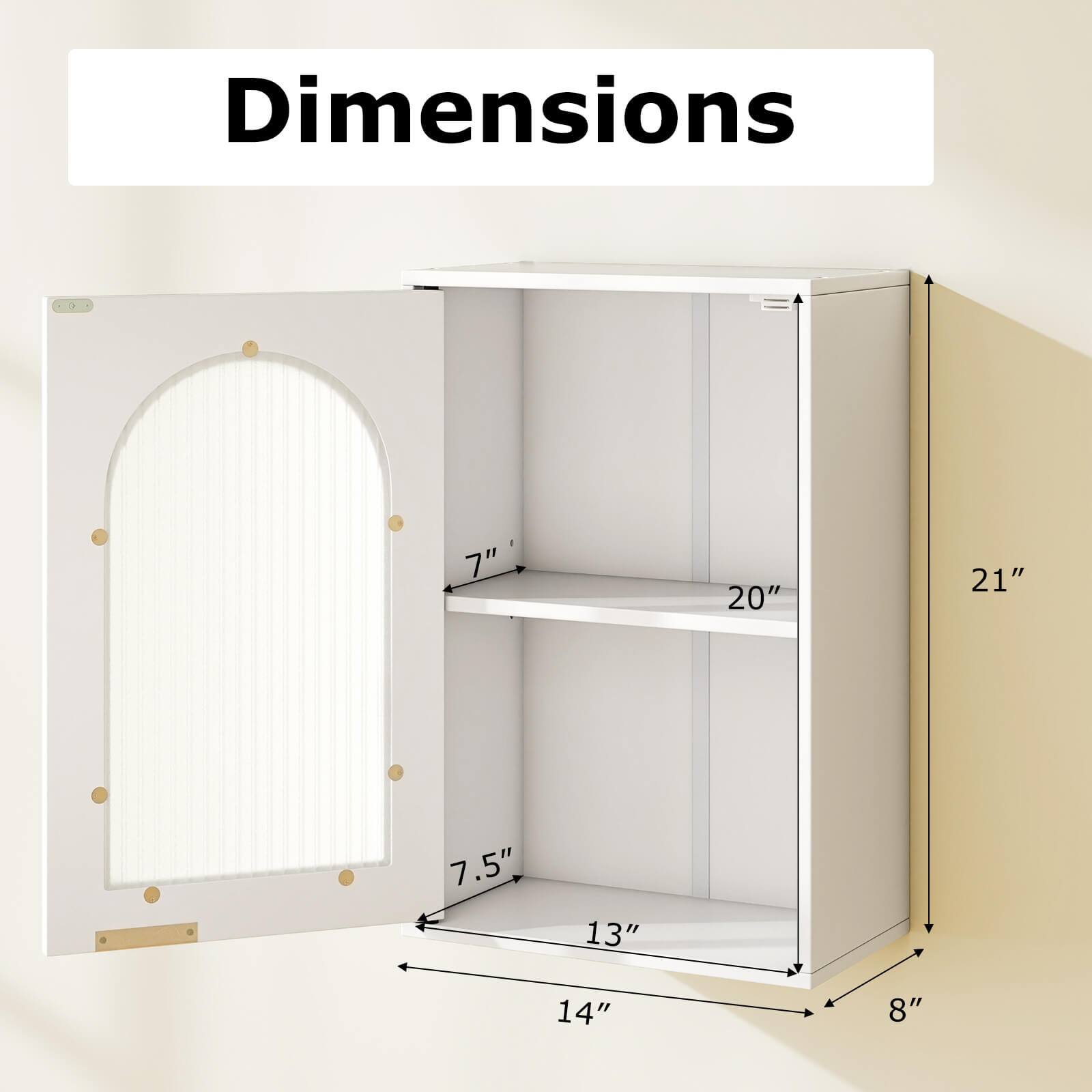 Dimensions

- Height: 21"
- Width: 20"
- Depth: 14"
- Shelf Height: 7"
- Shelf Depth: 13"
- Shelf Width: 8"
- Door Height: 7.5"