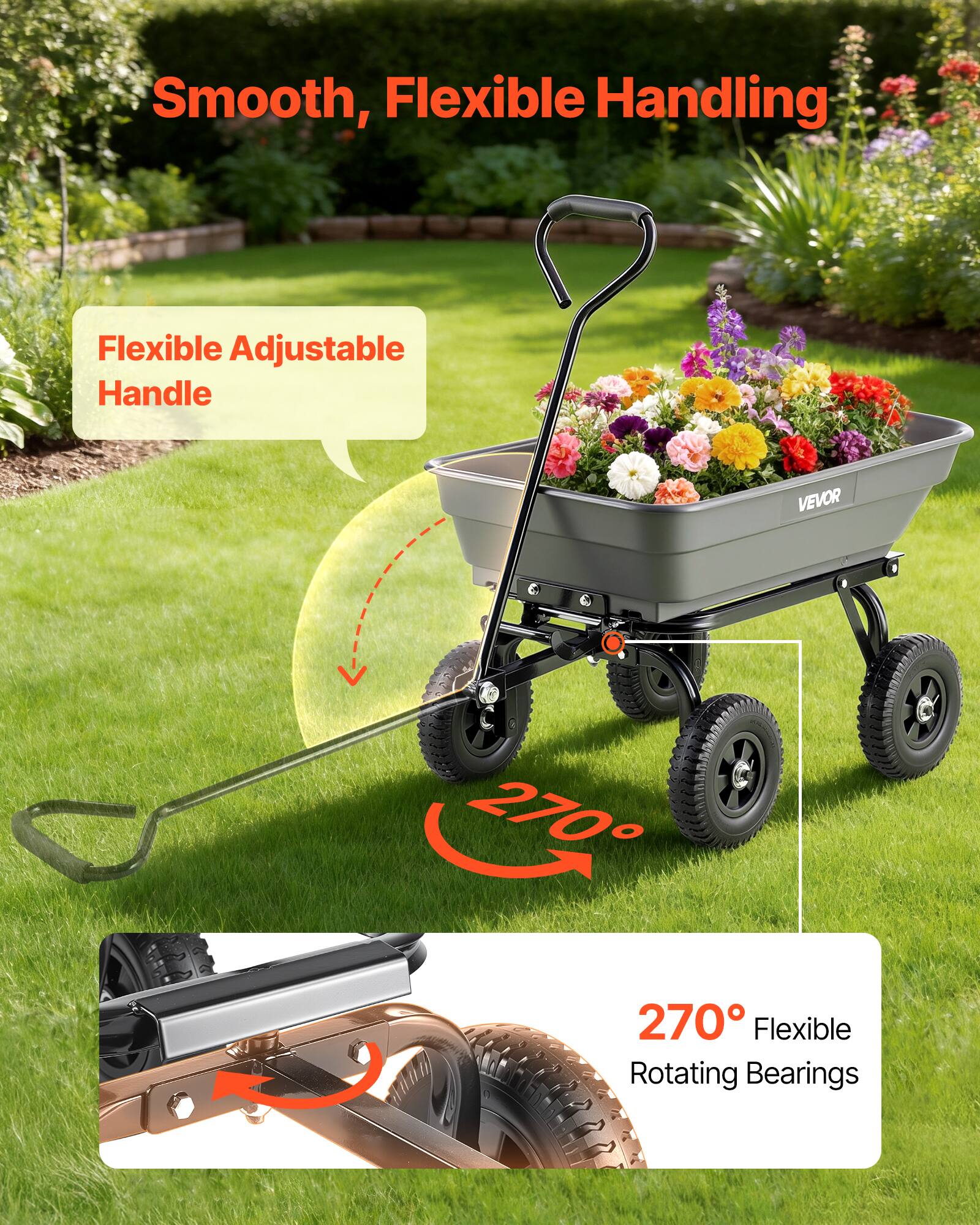 Smooth, Flexible Handling

Flexible Adjustable Handle

270° Flexible Rotating Bearings