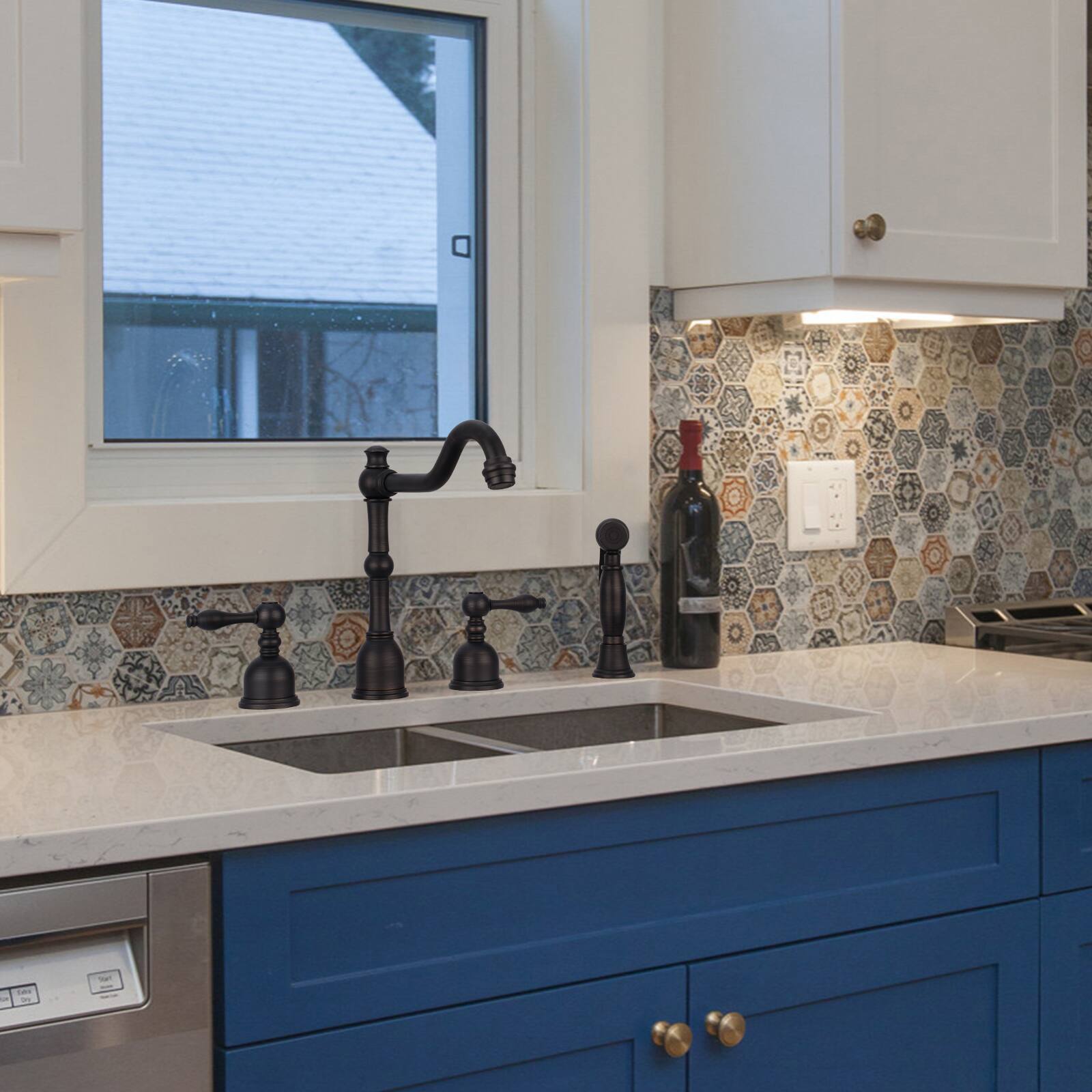 Alt View 3. Akicon - Akicon Solid Brass Two-Handles 360° Swivel Widespread Kitchen Faucet with Side Sprayer in Oil Rubbed Bronze - Oil Rubbed Bronze.