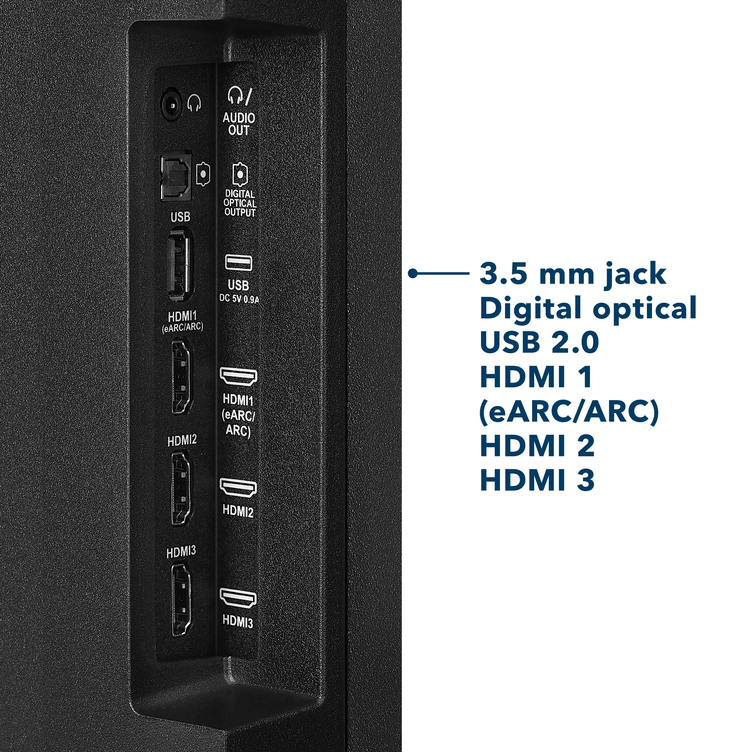 The text on the image is grouped and corrected as follows:

1. AUDIO OUT: This is the audio output port, which allows you to connect external speakers or headphones to the device.
2. USB: This is the USB port, which allows you to connect USB devices such as flash drives, keyboards, or mice to the device.
3. USB DC SV 0.9A: This is the USB DC port, which provides power to connected devices. The 0.9A indicates the maximum power output of the port.
4. HDMI1 (eARC/ARC): This is the HDMI port with eARC (enhanced audio return channel) or ARC (audio return channel) capabilities, which allows for high-quality audio streaming from the device to a compatible TV or soundbar.
5. HDMI2: This is another HDMI port, which can be used to connect additional devices such as gaming consoles, Blu-ray players, or streaming devices.
6. HDMI3: This is the third HDMI port, which can also be used for connecting additional devices.
7. 3.5 mm jack: This is the 3.5 mm headphone jack, which allows you to connect headphones or earbuds to the device.
8. Digital optical: This is the digital optical output port, which allows you to connect the device to a compatible digital audio system or home theater receiver for high-quality audio playback.
9. USB 2.0: This is the USB 2.0 port, which provides faster data transfer speeds than the USB DC port.
10. HDMI3: This is the third HDMI port, which can be used for connecting additional devices.
