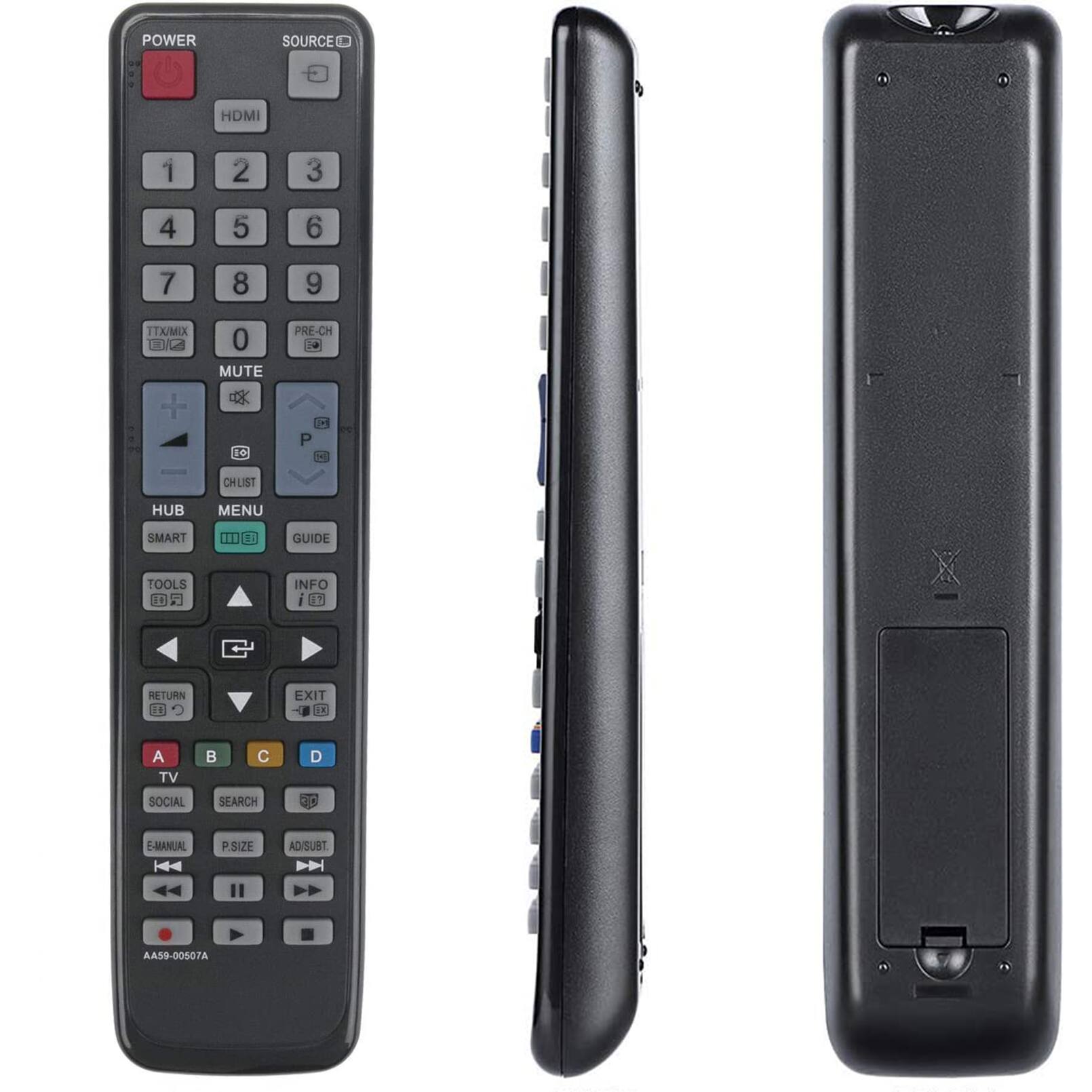 POWER SOURCE HDMI 1 2 3 4 5 6 7 8 9 TTX/MIX 0C 0 MUTE PRE-CH I 10 1 P - CHLIST HUB MENU SMART TOOLS 14 111 GUIDE INFO I 4 X RETURN 11 LXIT DR A TV  C D SOCIAL SEARCH C0 - MANUAL P.SIZE AD/SUBT AA59-00507A