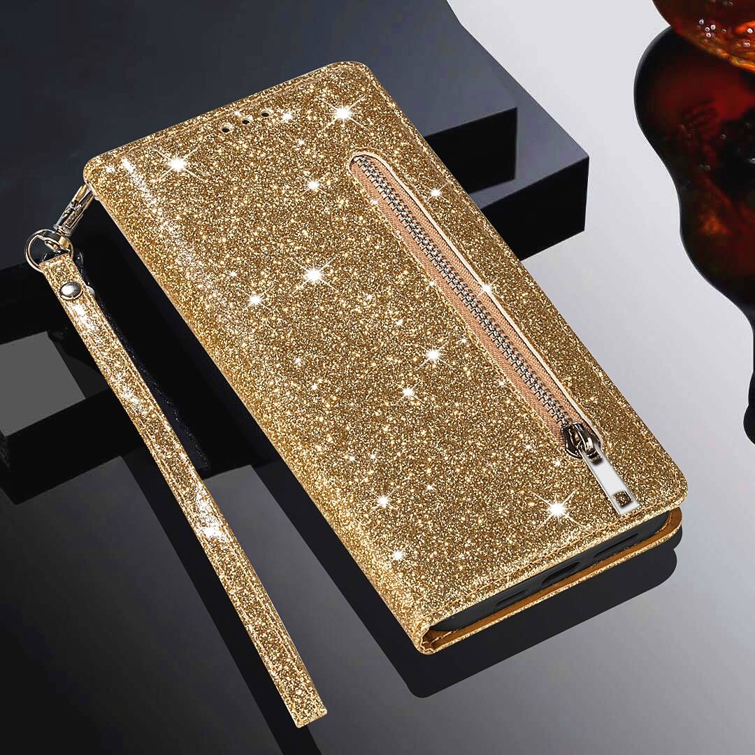 Alt View 2. Dteck - Glitter Zipper Wallet Case for Samsung Galaxy S25 Ultra Card Holder Wrist Strap Shockproof PU Leather Cover - Gold.