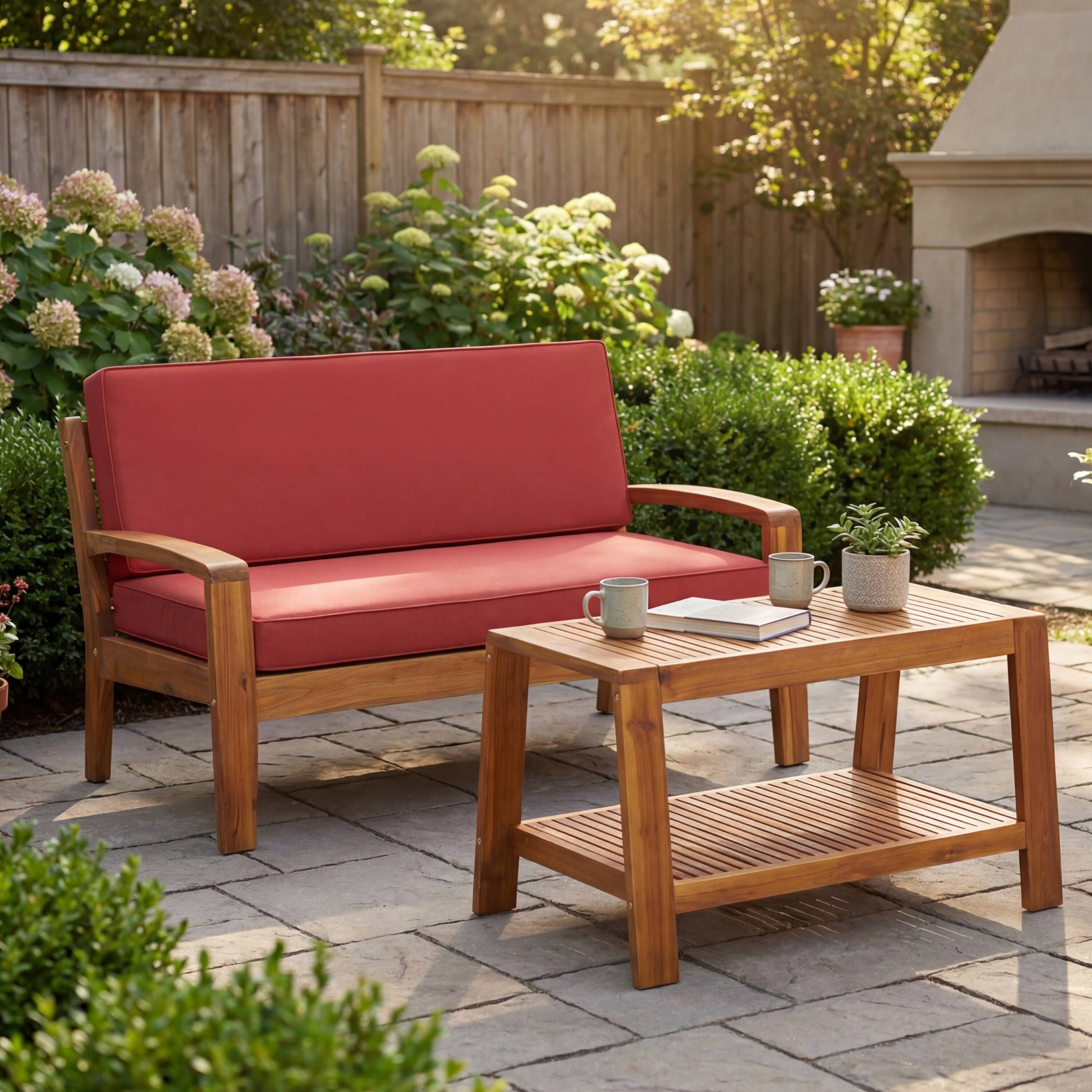 Alt View 2. Whisen - 2-Piece Outdoor Acacia Wood Conversation Set - Loveseat & Coffee Table with Water-Resistant Cushions - Red|Teak.