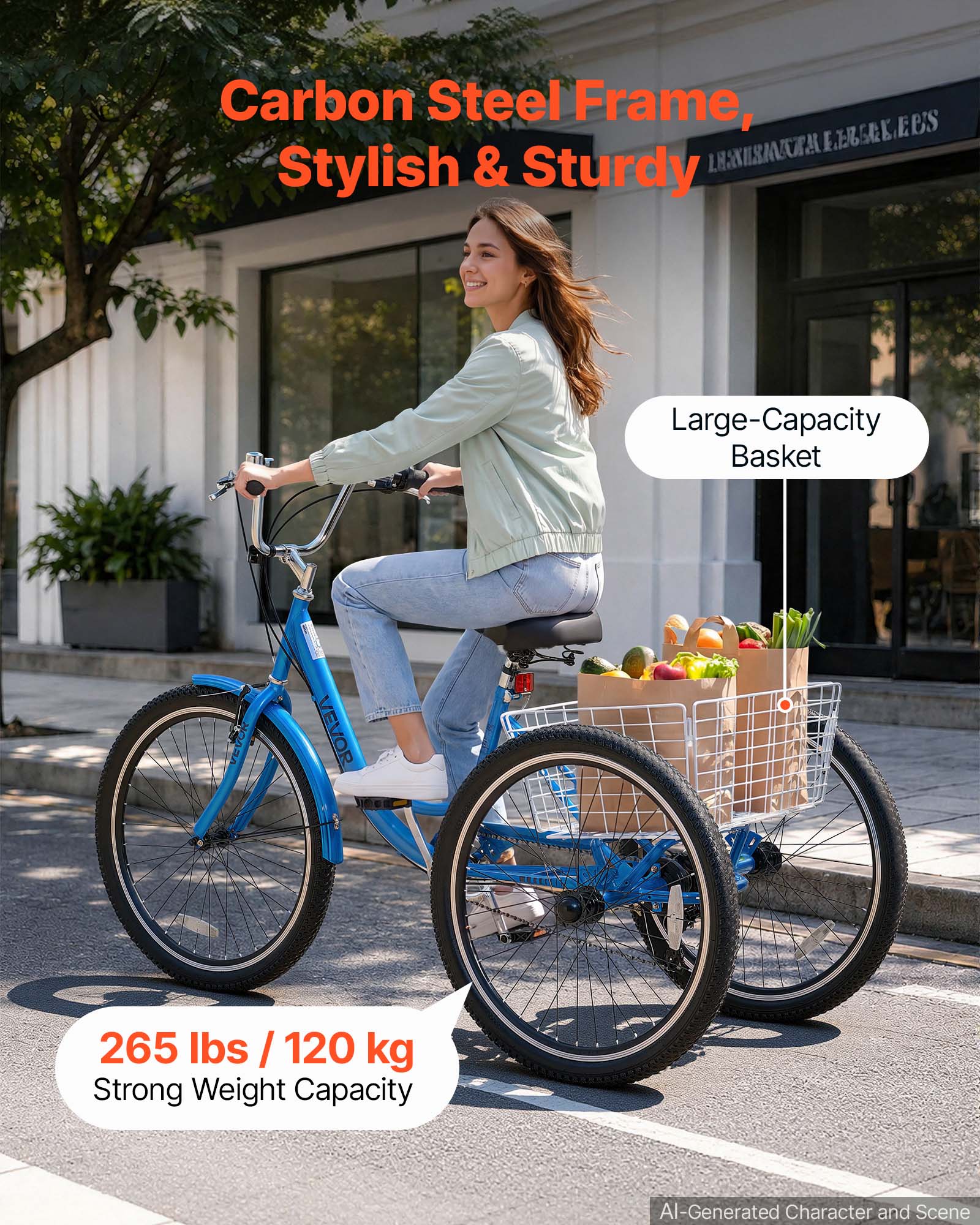 Carbon Steel Frame, Stylish & Sturdy

Large-Capacity Basket

265 lbs / 120 kg Strong Weight Capacity

AI-Generated Character and Scene