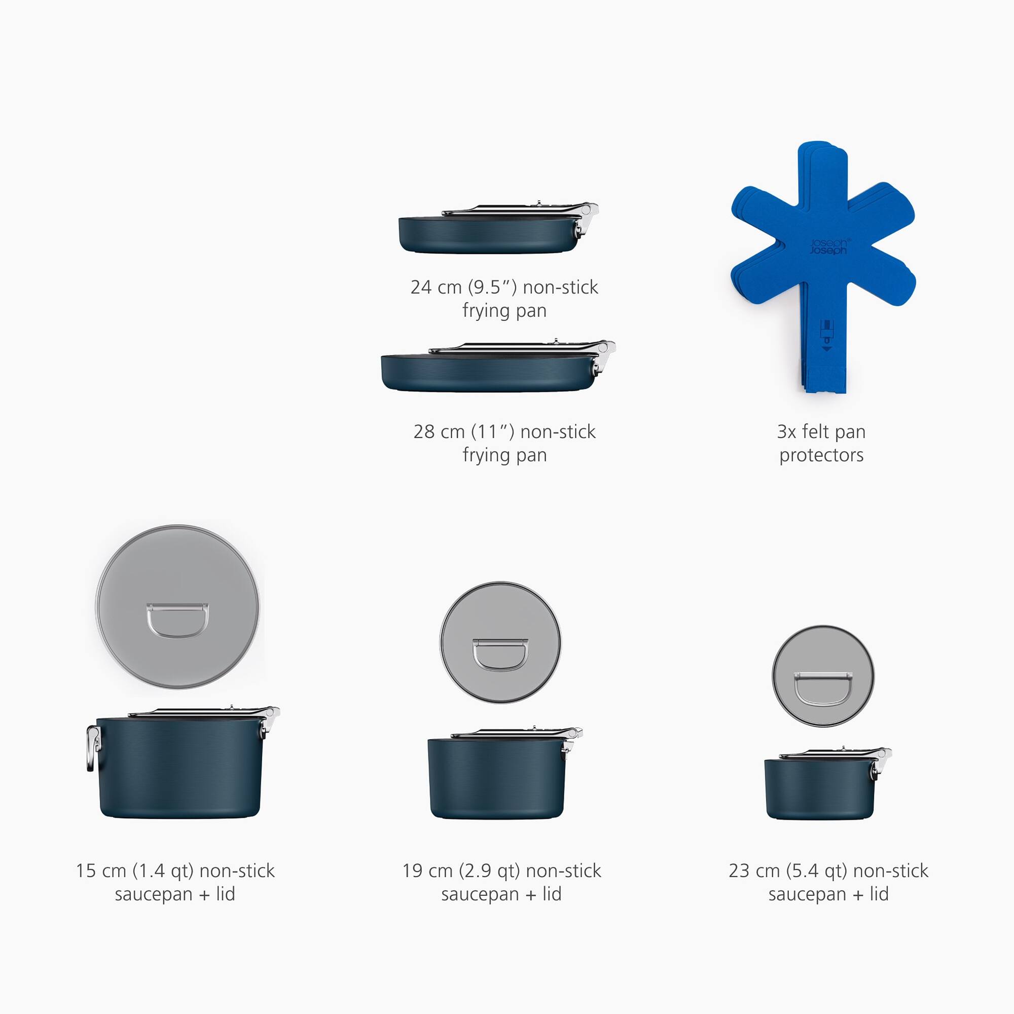- 24 cm (9.5") non-stick frying pan
- 28 cm (11") non-stick frying pan
- 3x felt pan protectors
- 15 cm (1.4 qt) non-stick saucepan + lid
- 19 cm (2.9 qt) non-stick saucepan + lid
- 23 cm (5.4 qt) non-stick saucepan + lid