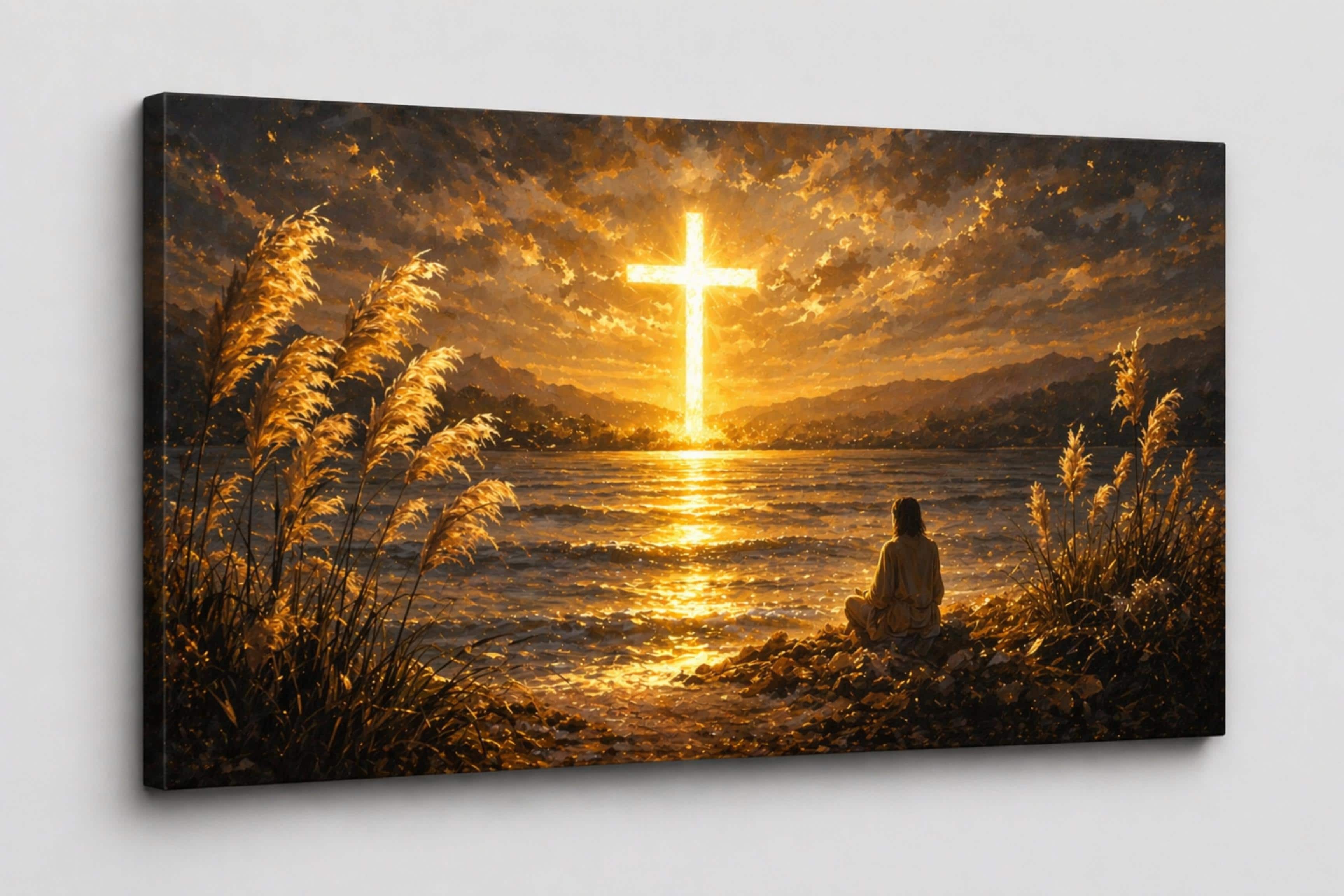 FC Design - Large Canvas 24x36" Frameless Golden Color Light Cross Art Painting Home Wall Décor - MultiColor