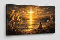 Front. FC Design - Large Canvas 24x36" Ready-to-Hang Golden Color Light Cross Art Painting Home Wall Décor - MultiColor.