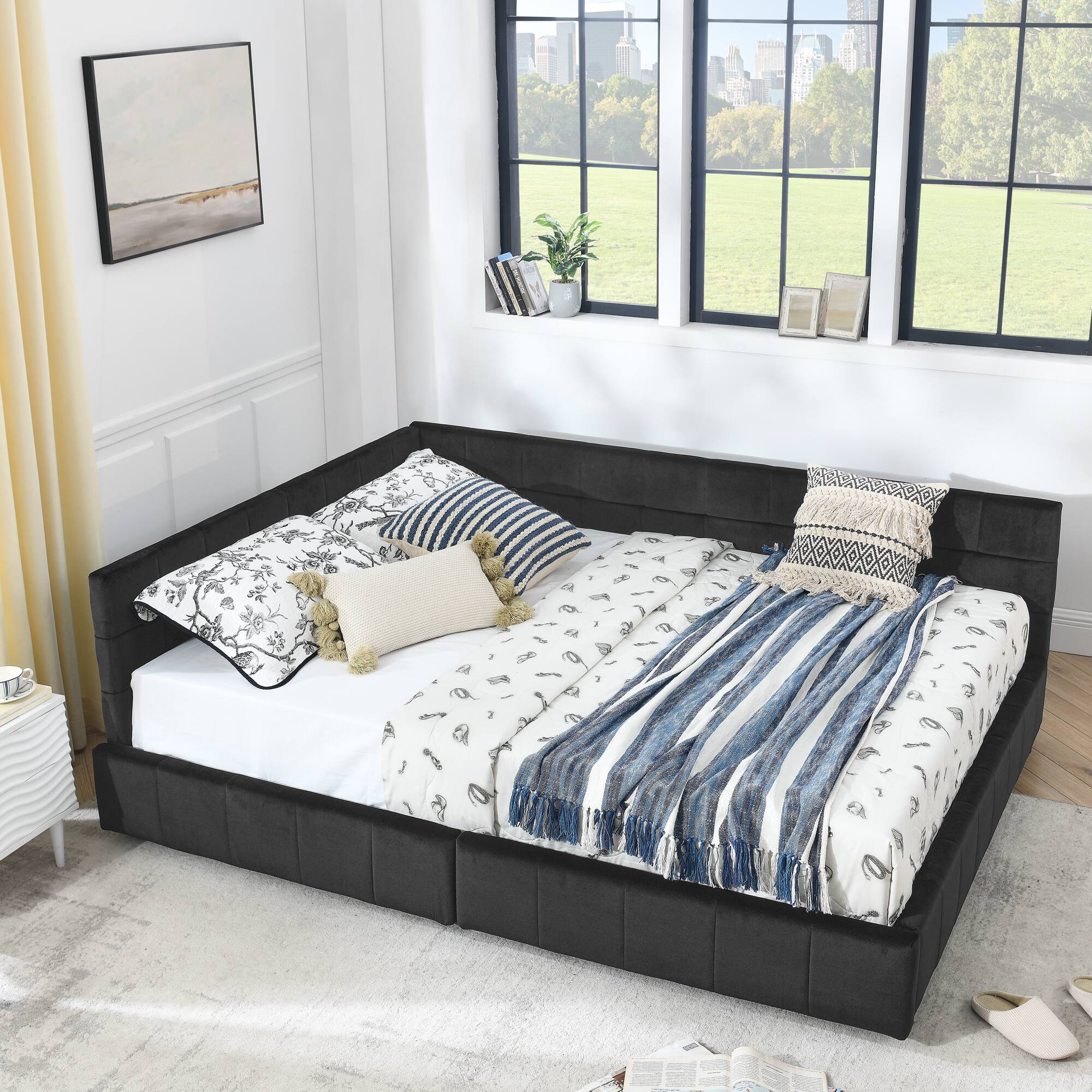 Angle. Anysun - Queen Velvet Tufted Storage Bed Frame - Sofa Bed with Backrest & Armrests for Bedroom or Living Room - Black.