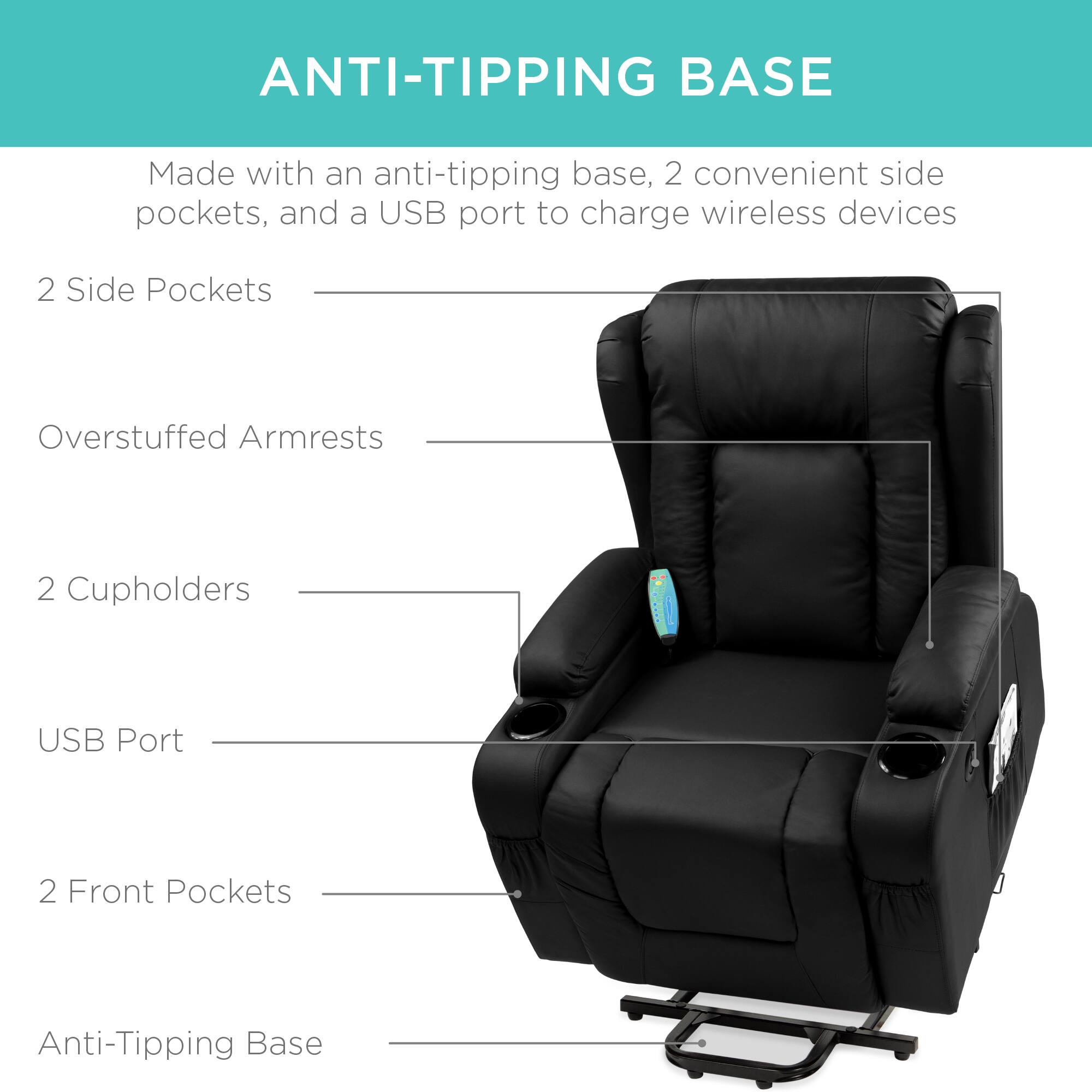 ANTI-TIPPING BASE

Made with an anti-tipping base, 2 convenient side pockets, and a USB port to charge wireless devices

- 2 Side Pockets
- Overstuffed Armrests
- 2 Cupholders
- USB Port
- 2 Front Pockets
- Anti-Tipping Base