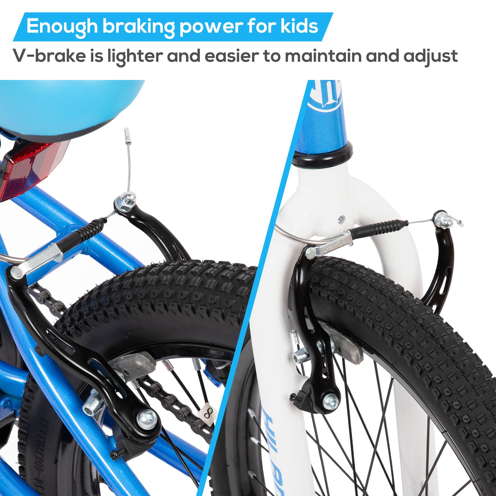 Enough braking power for kids

V-brake is lighter and easier to maintain and adjust