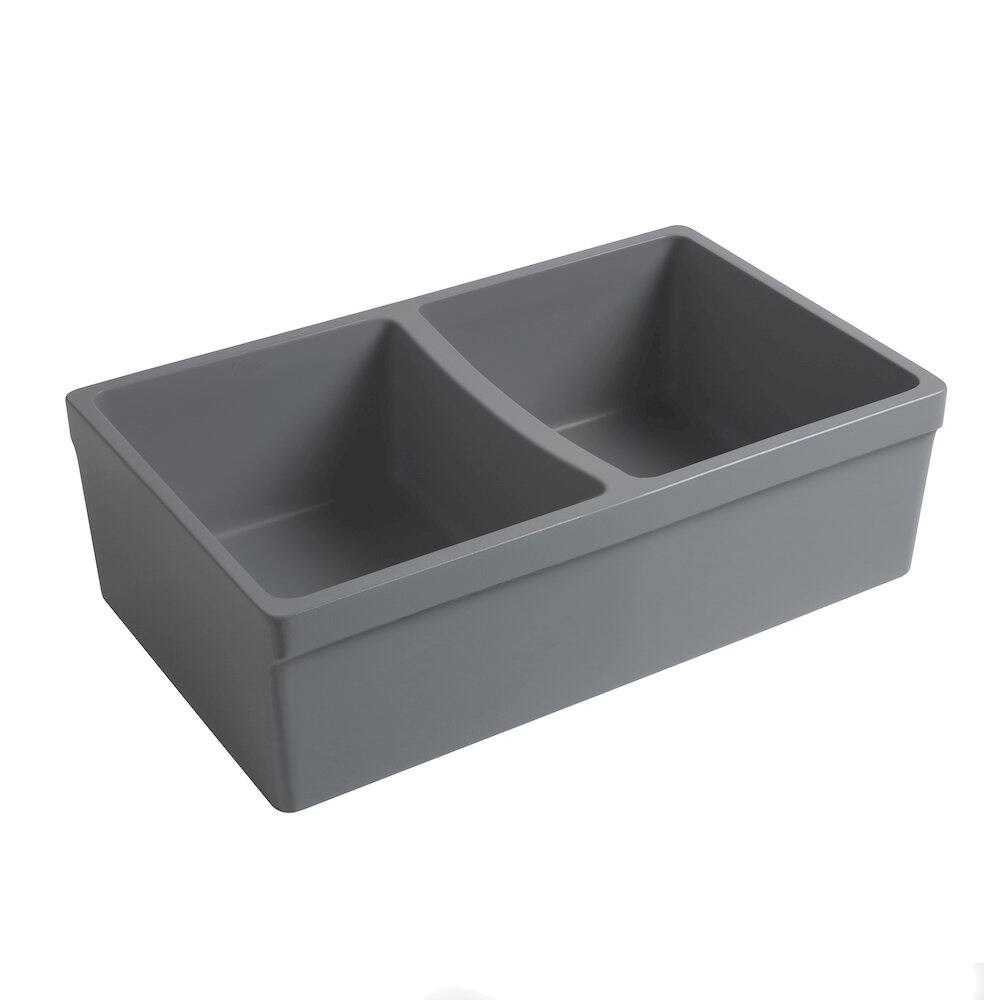 Left. Whitehaus - Farmhaus Quatro Alcove Reversible Matte Double Bowl Fireclay Kitchen Sink - Gray.