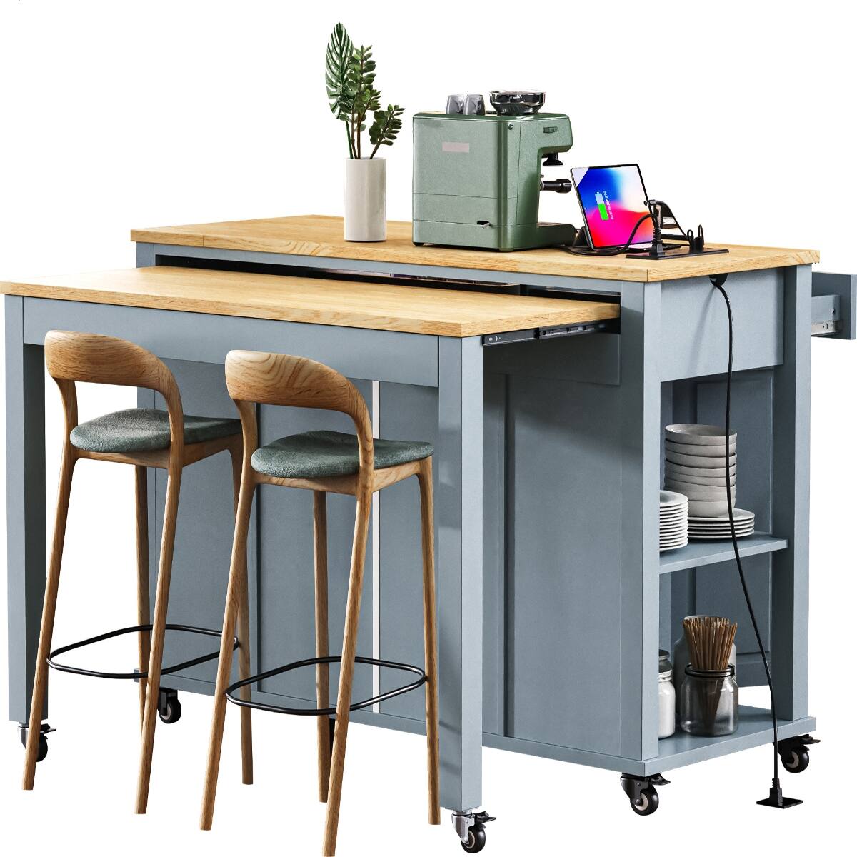 Alt View 7. Loheer - 47.2" Kitchen Island with Extendable Dining Table, Rolling Kitchen Island with Storage - Grey Blue.