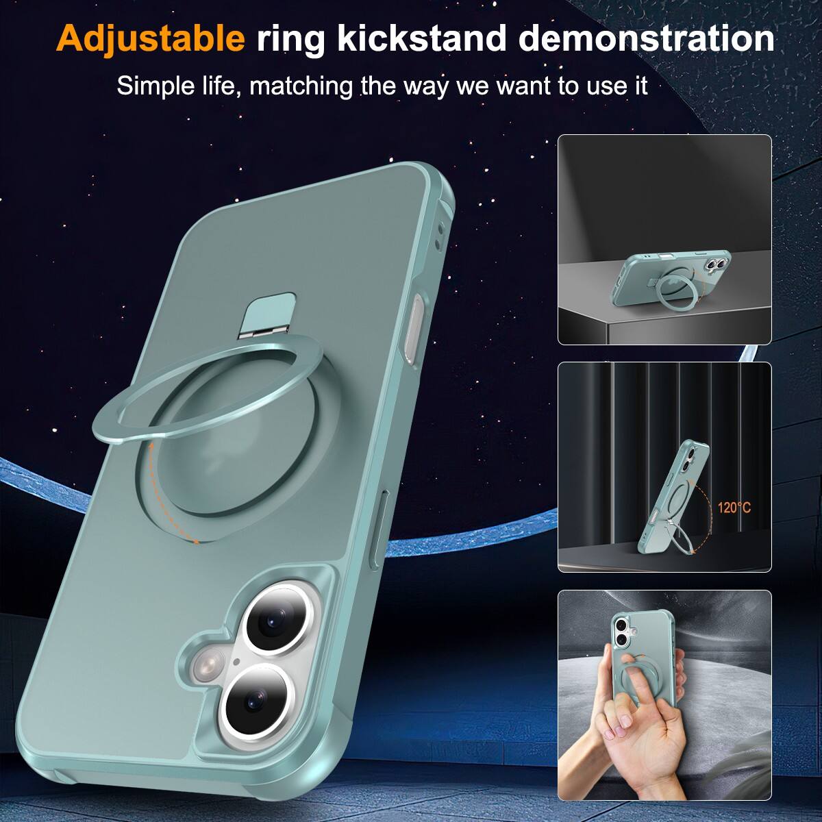 Adjustable ring kickstand demonstration  
Simple life, matching the way we want to use it  

120°