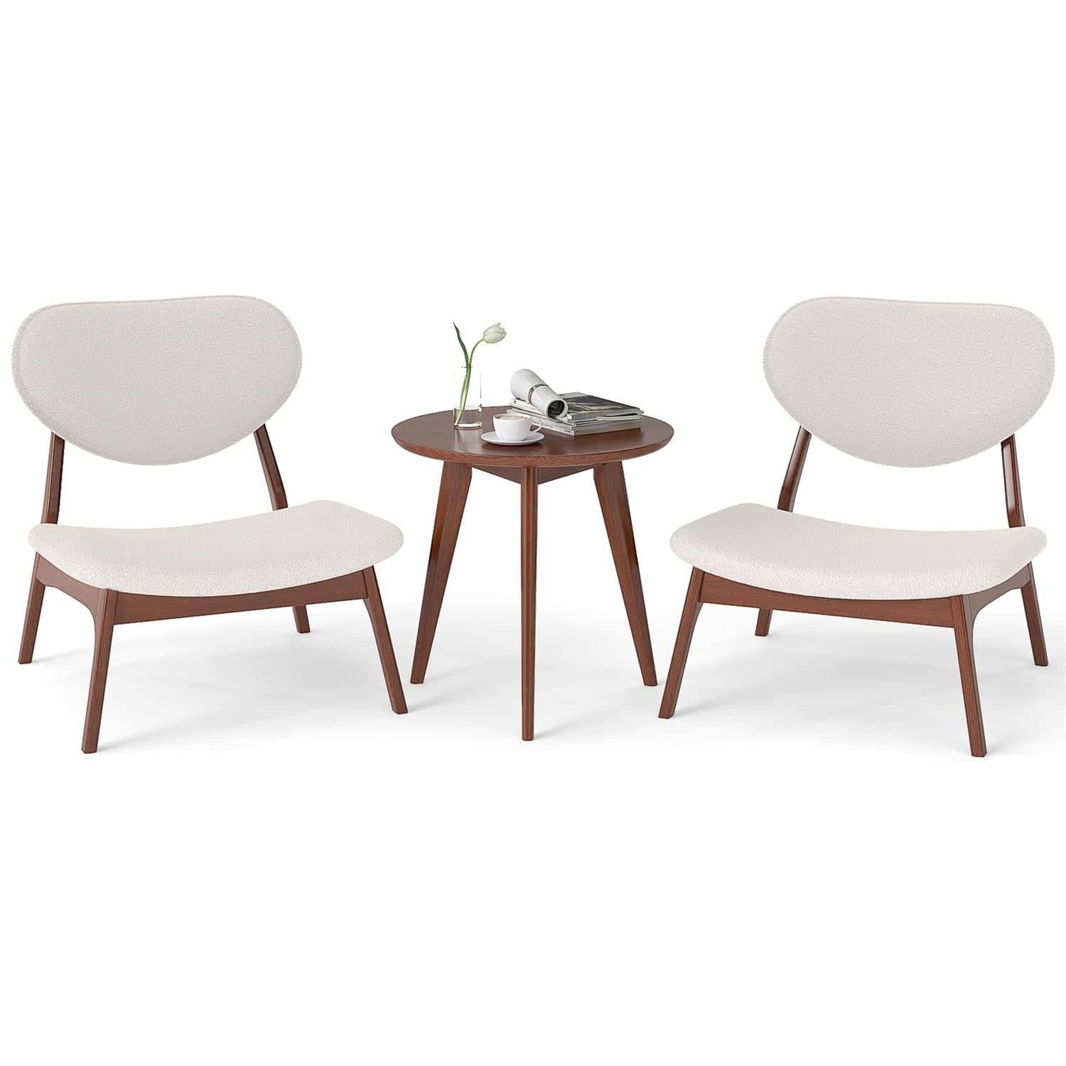 Pefilos - 2-Piece Accent Chair Set w/ Side Table, Solid Wood Frame, Lamb Velvet Upholstery, 105° Reclining High Backrest, Walnut - Brown