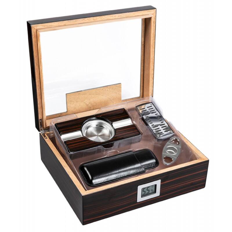 Angle. Prestige - Kensington Humidor Gift Set - Ultra-Rich High Gloss Ebony Cherry Wood Finish.