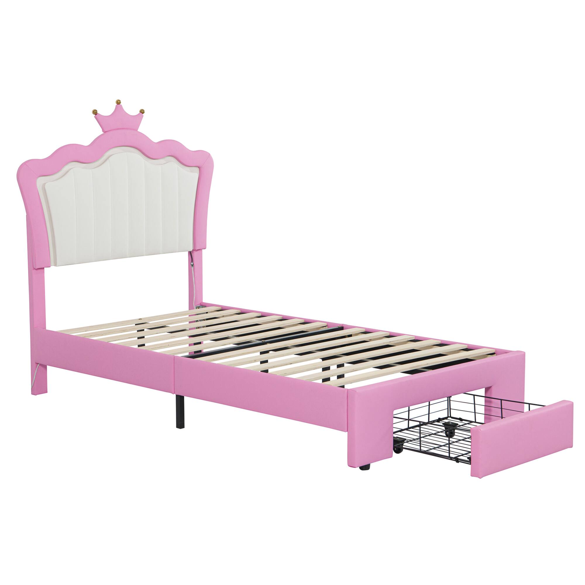 Alt View 2. GOODSILO - Twin Size Upholstered Platform Bed with LED Lighting and Storage Drawer, Modern Crown Headboard Design for Bedroom Decor - Pink+White.