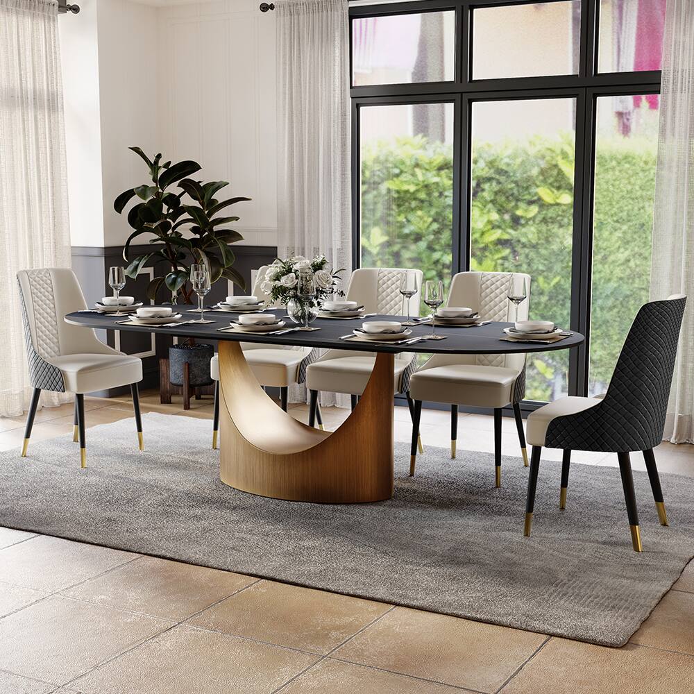 Left. POVISON - 94"Hobart Modern Oval Dining Table for 8-10, Black Oval Matte Sintered Stone Kitchen Table, Bronze Carbon Steel Base - Black.