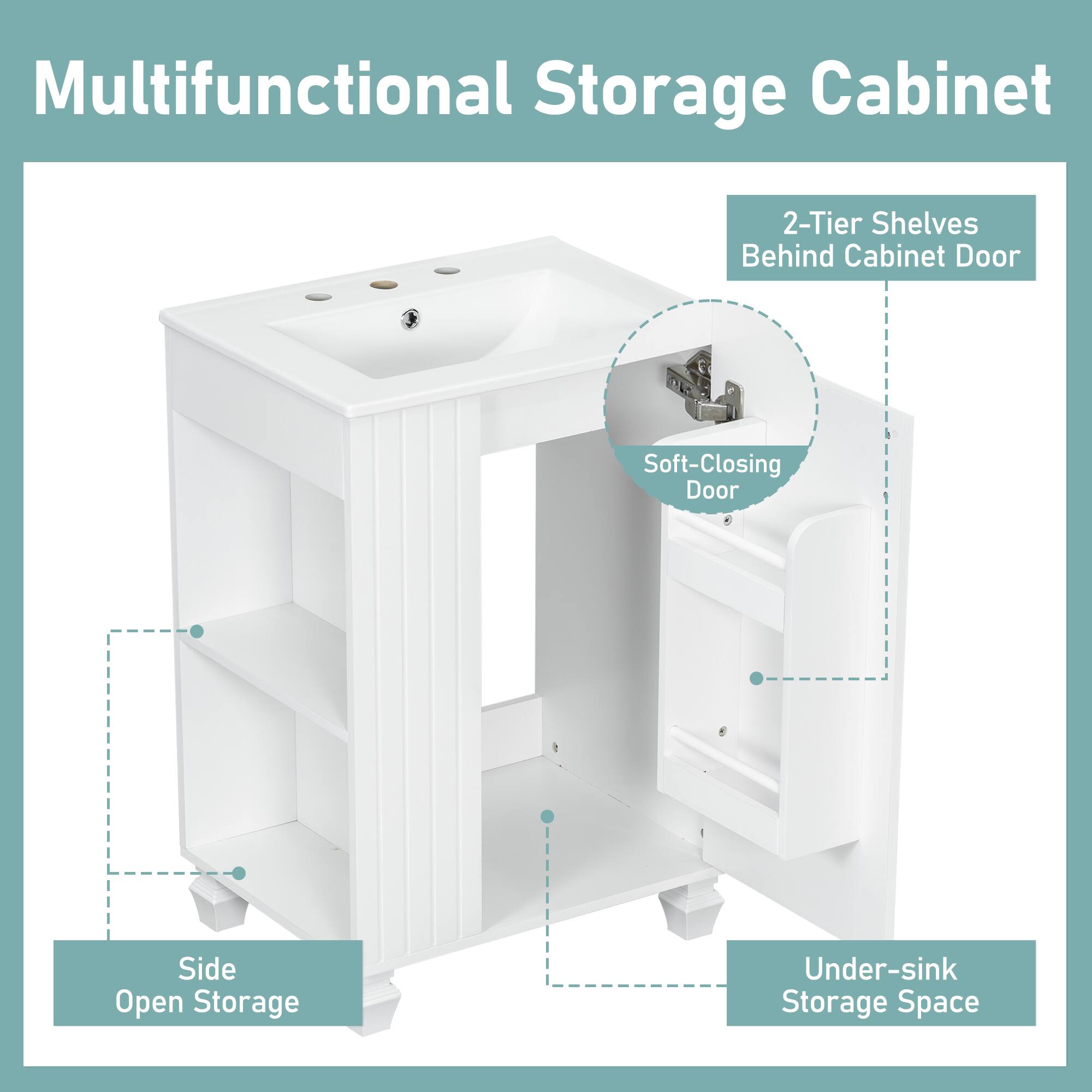 Multifunctional Storage Cabinet

- 2-Tier Shelves Behind Cabinet Door
- Soft-Closing Door
- Side Open Storage
- Under-sink Storage Space