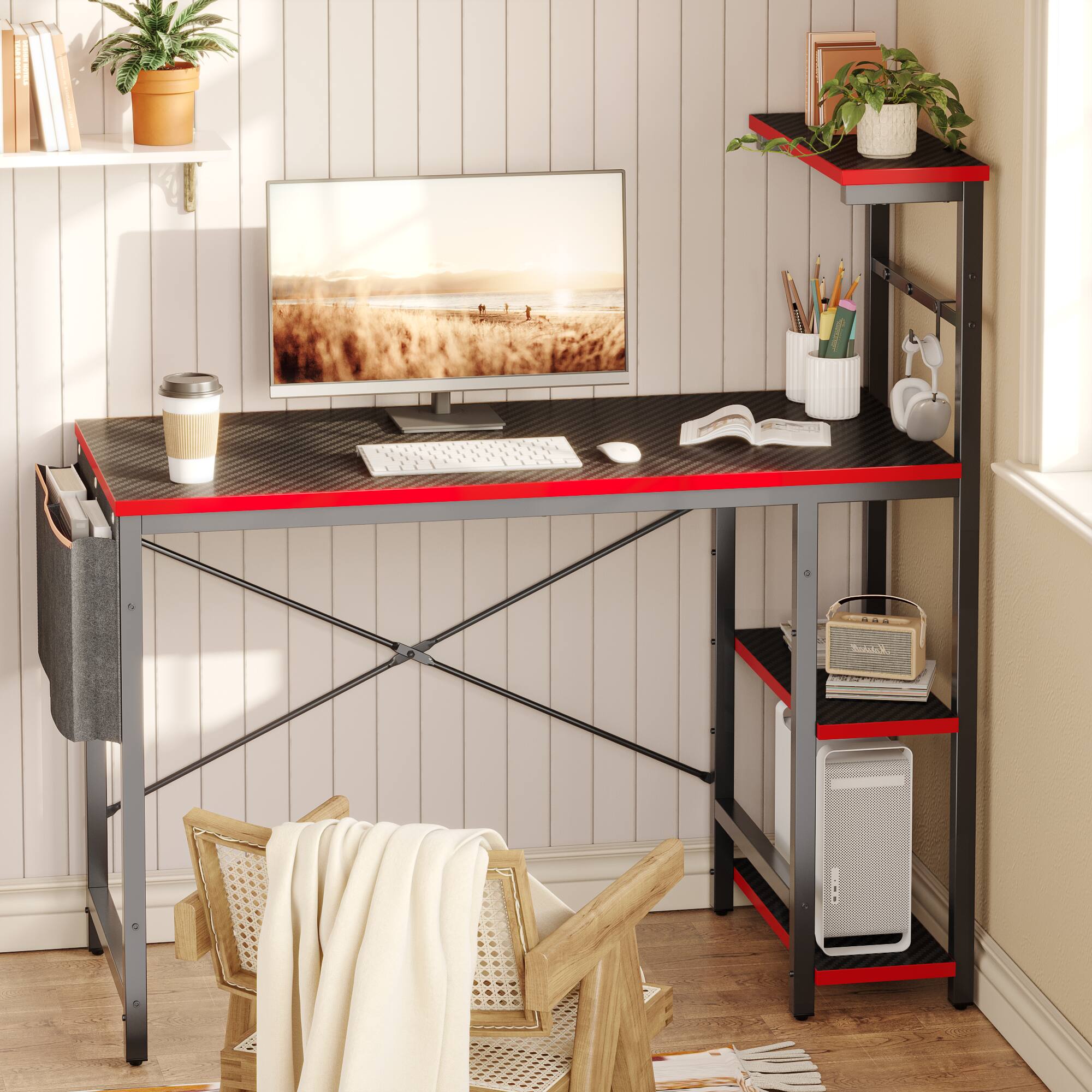 Alt View 16. Bestier - 44" RGB Gaming Desk LED Lights, Storage Shelves & Adjustable Height - Carbon Fiber Black.