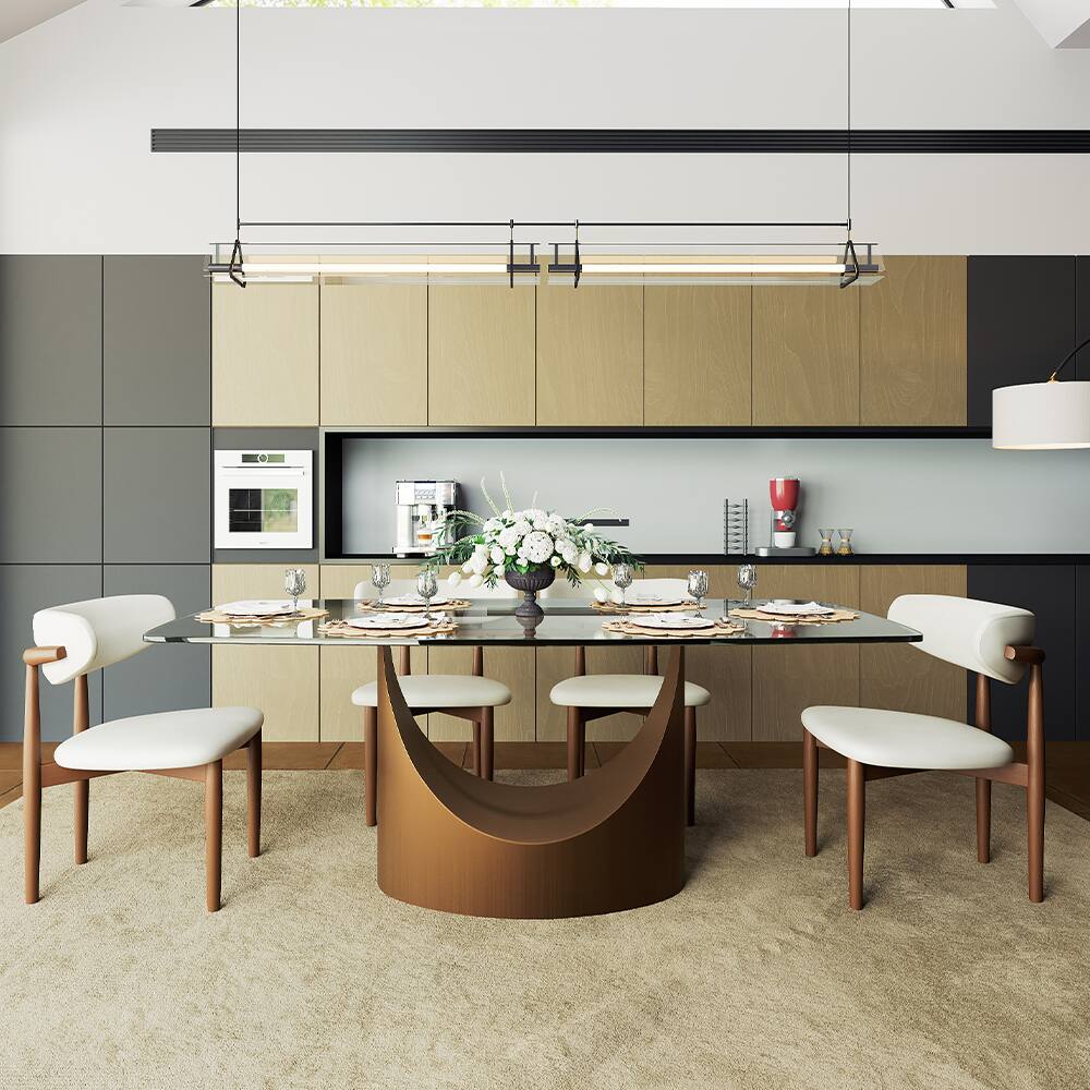 Angle. POVISON - 71" Modern Glass  Long Dining Table for 6, Transparent Glass for Kitchen, Bronze Stainless Steel Pedestal Kitchen Table - Transparent.