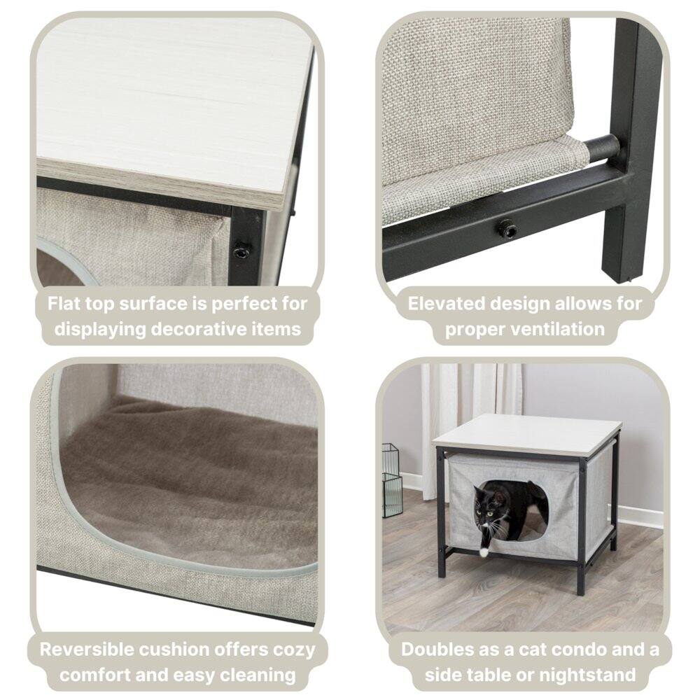 - Flat top surface is perfect for displaying decorative items
- Elevated design allows for proper ventilation
- Reversible cushion offers cozy comfort and easy cleaning
- Doubles as a cat condo and a side table or nightstand
