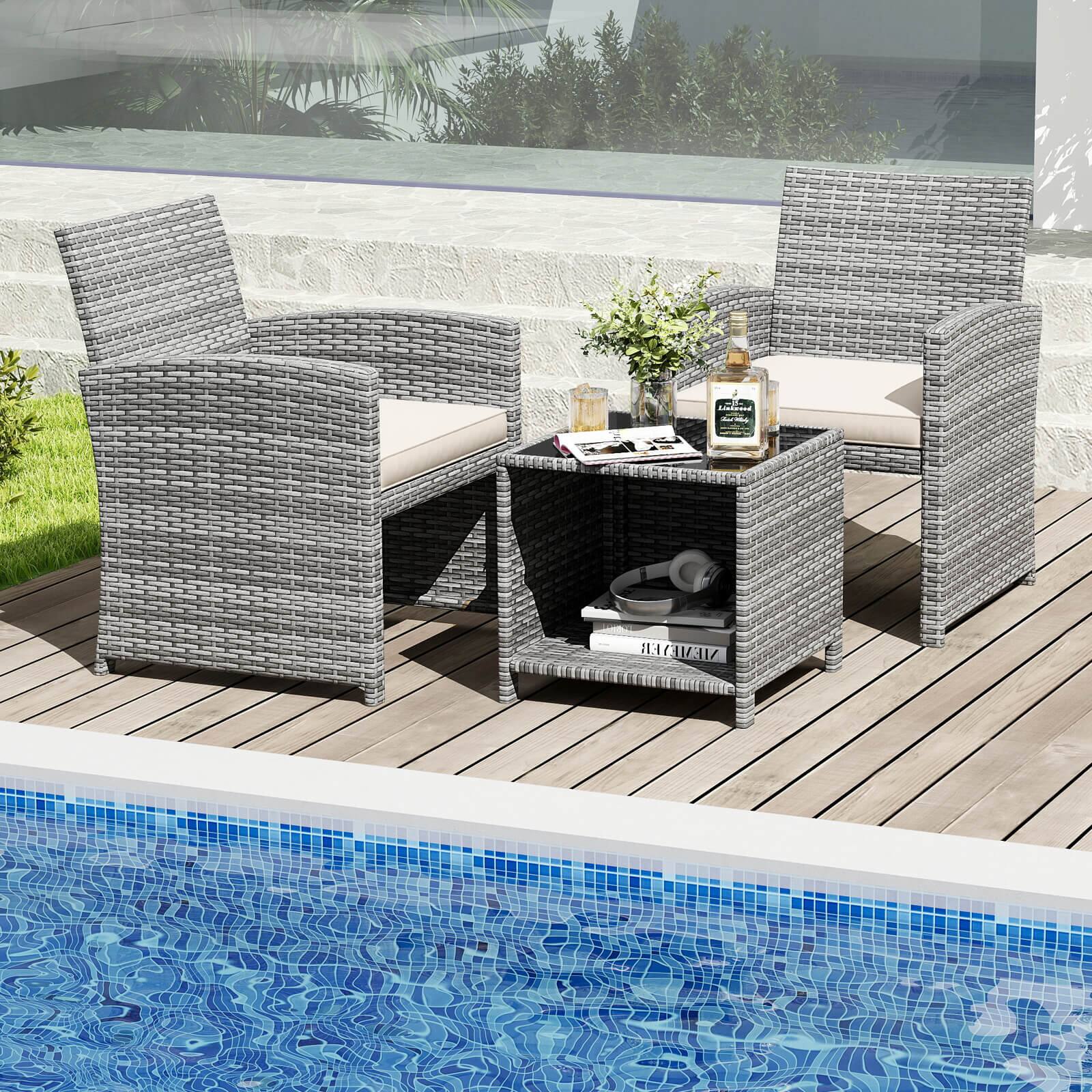 Alt View 4. Costway - Costway 3 PCS Patio Furniture Set with Tempered Glass Coffee Table & Soft Seat Cushions - White.
